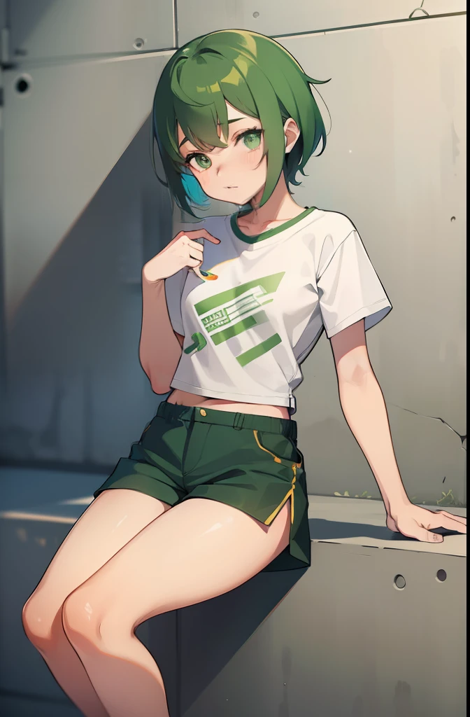 A tomboyish girl with vibrant green hair and green eyes, wearing a short shirt and shorts pants, blushing, and displayed in a full body pose.