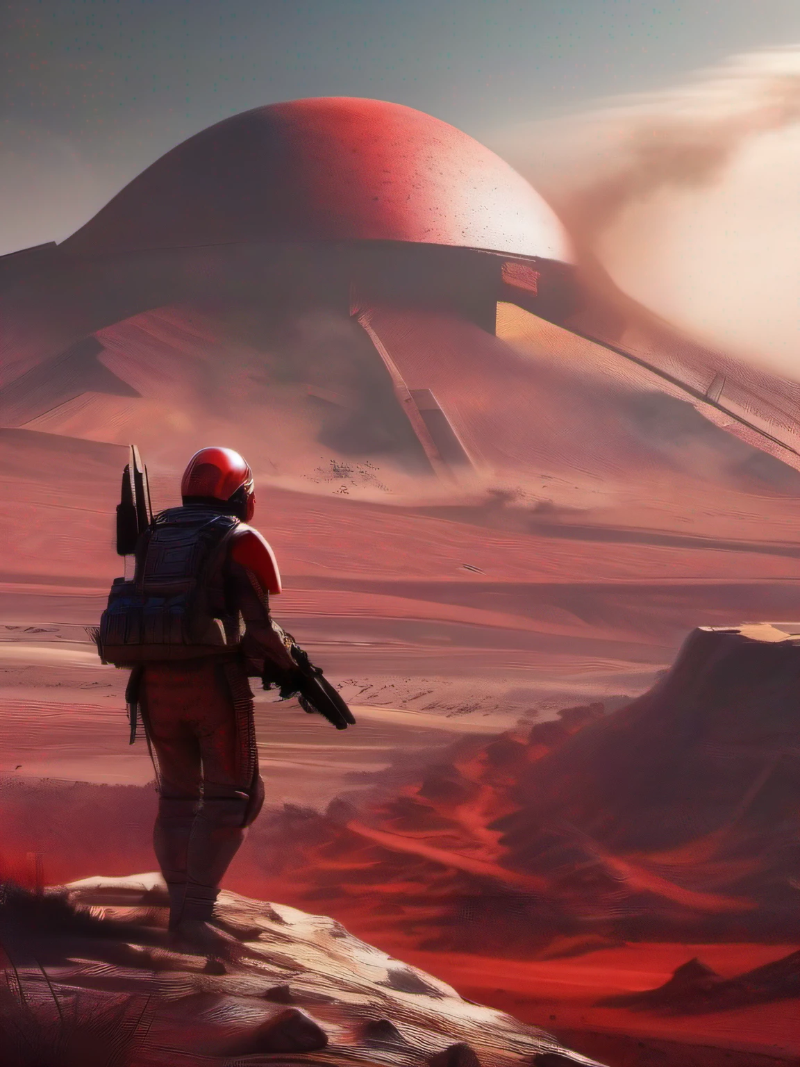 Future Battlefield，Alien Civilization War，Gunsmoke fills，A small mound，A red flag is planted on it，A soldier in armor，full armour，The background is the army of the SA，The picture is stunning，Magnificent，Magnificent，in the style of futuristic，No bad pictures