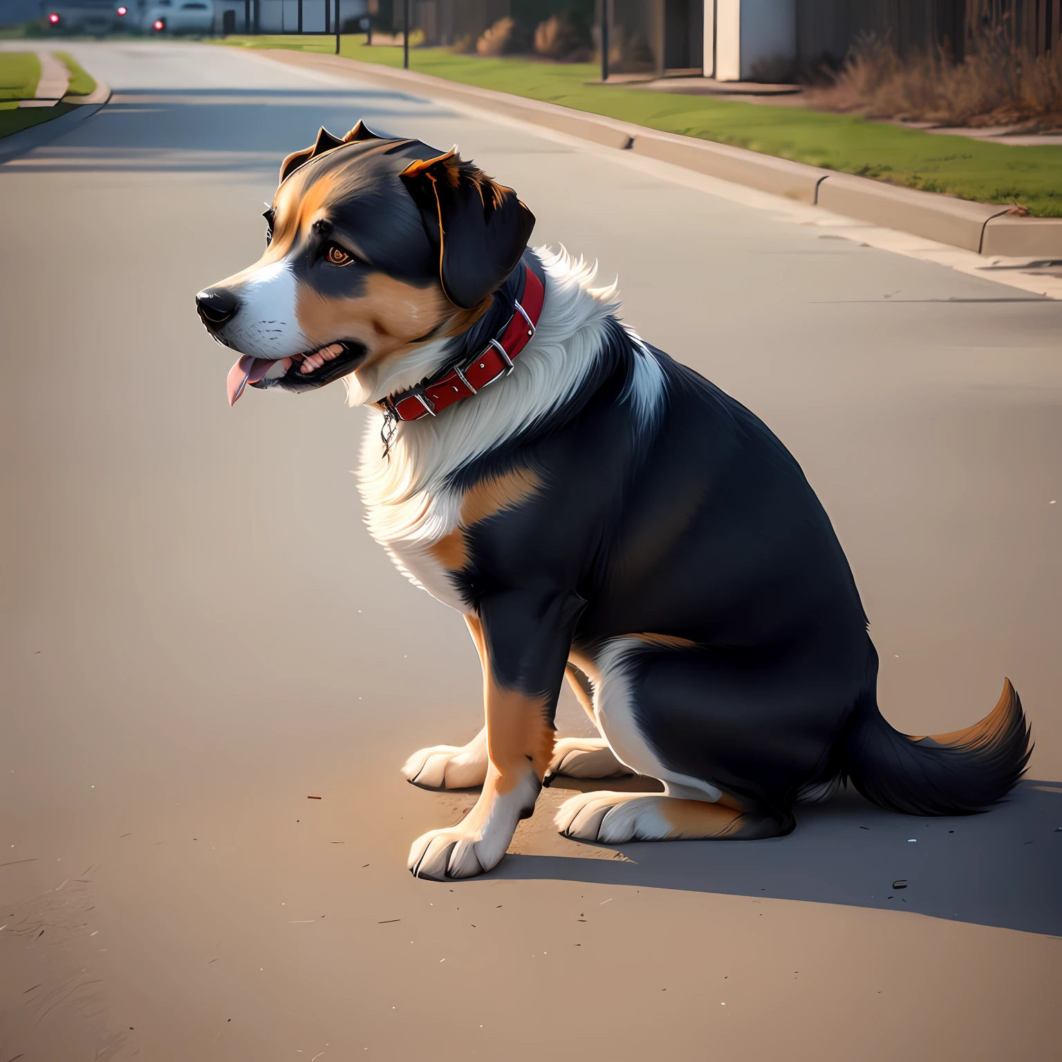 A dog squats on the ground and eats human flesh