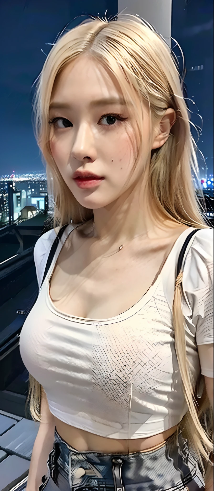 ((Midnight, Best quality, 8k, Masterpiece :1.3)), face close up, Sharp focus :1.2, A pretty woman with perfect figure :1.4, Slender abs :1.1, ((blonde hair, Big breasts :1.2)), (White tight tshirt, Jean bib, Standing:1.2), ((Night city view, Rooftop:1.3)), Highly detailed face and skin texture, Detailed eyes, Double eyelid