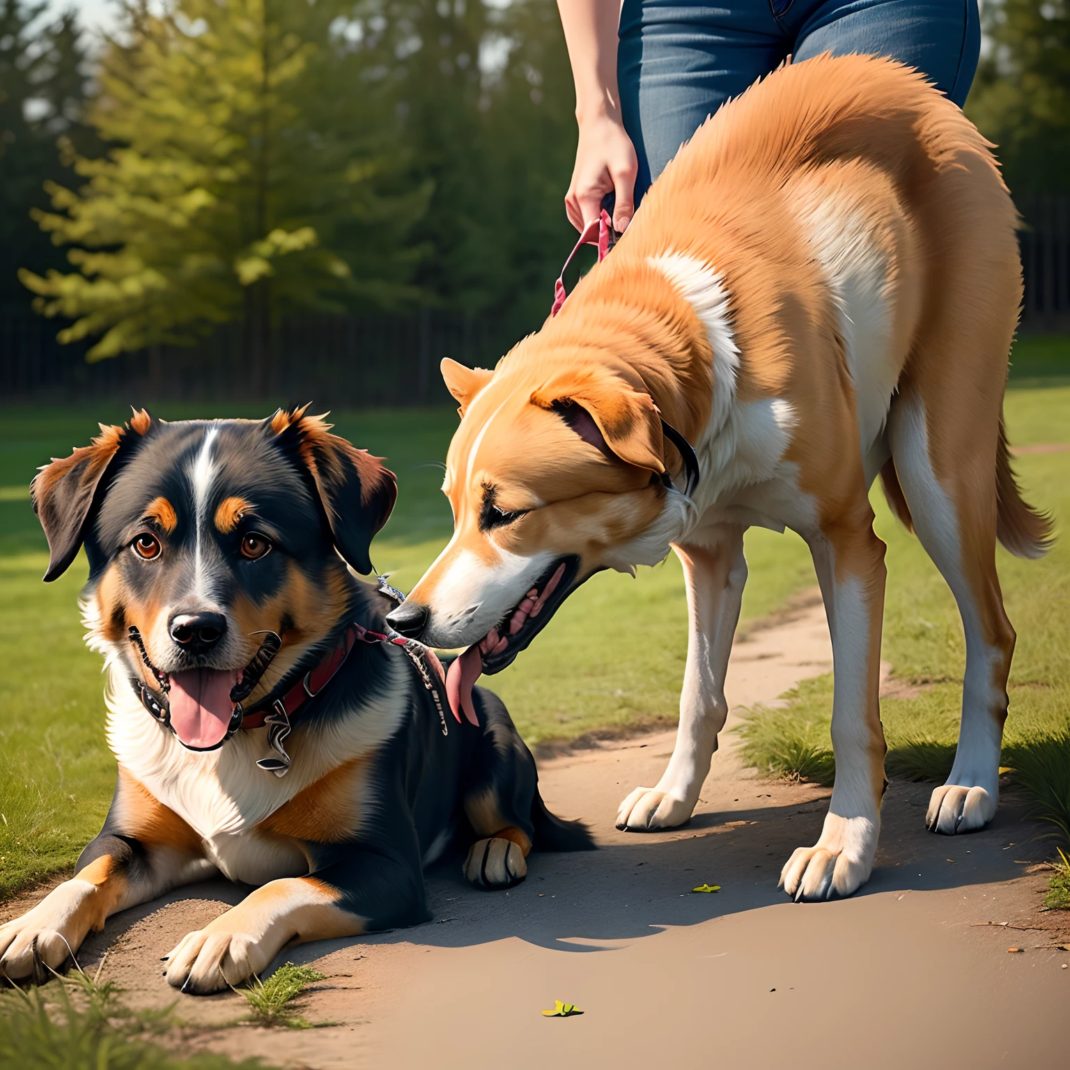 A dog squats on the ground and eats human flesh