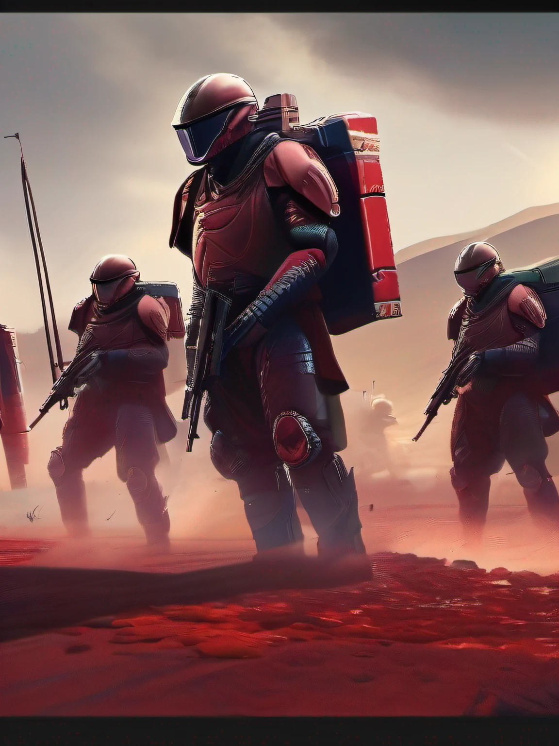 Future Battlefield，Alien Civilization War，Gunsmoke fills，A small mound，A red flag is planted on it，A soldier in armor，full armour，The background is the army of the SA，The picture is stunning，Magnificent，Magnificent，in the style of futuristic，No bad pictures