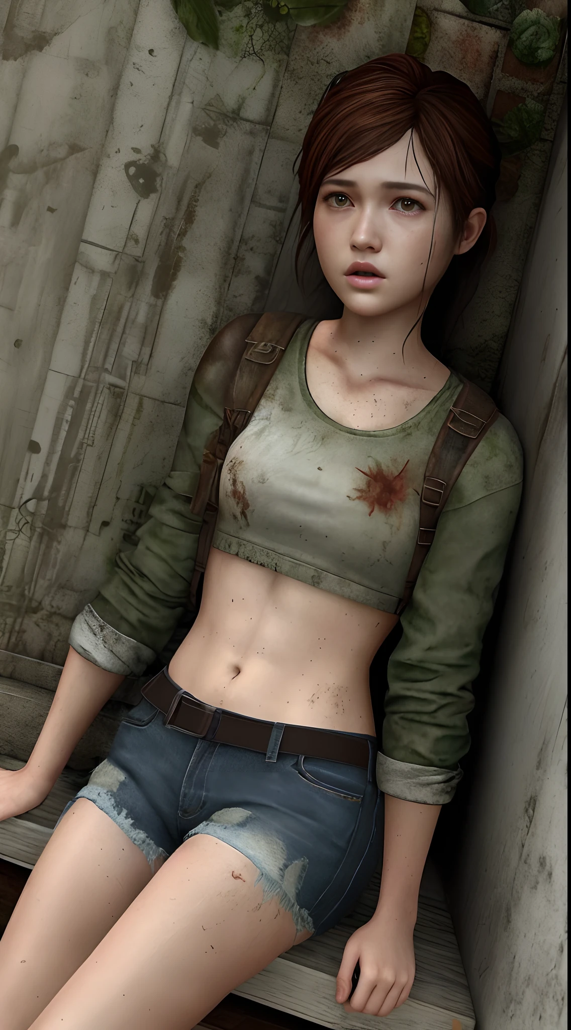 imagem de um garota em um quarto escuro com uma faca, Ellie (last of us), Ellie, the Last of Us, Luscious ), Supermodelo, character is half in the water, estilo morro silencioso, the last of us zombie, Jogo de Silent Hill, seios nus, Saia plissada