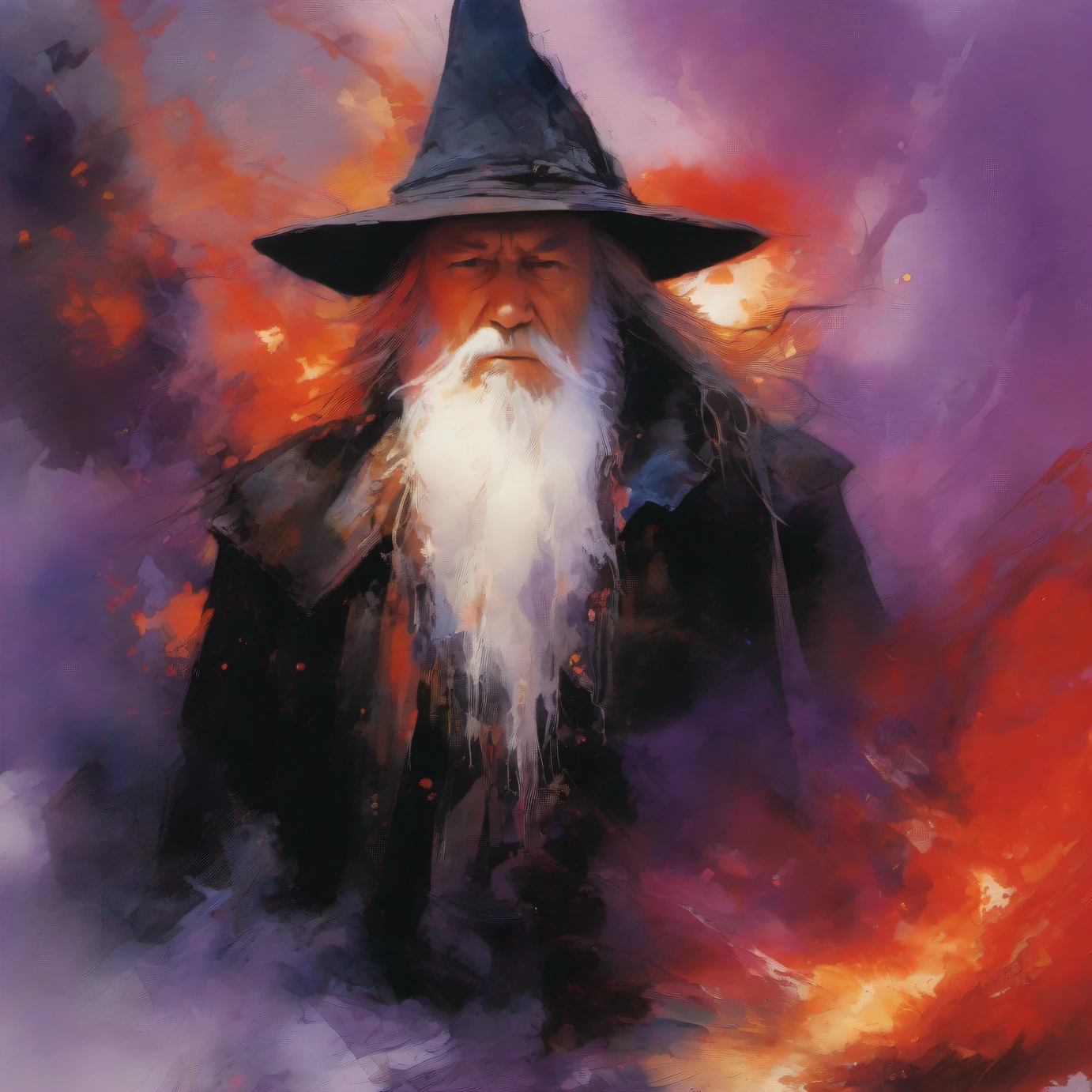 dufkova, 2d, lineart,
1 old wizard with long grey beard casting magic, firestorm, fire hydras, fantasy, high contrast, ink strokes, explosions, over exposure, purple and red tone impression , abstract, ((watercolor painting by John Berkey and Jeremy Mann )) brush strokes, negative space,