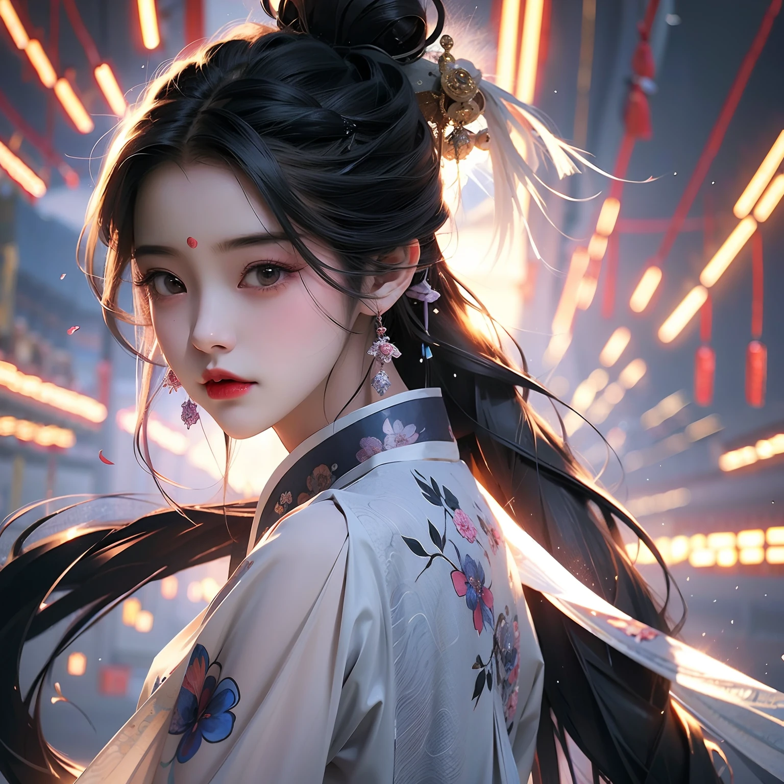 long whitr hair,Anime girl with pink purple hanfu and blue and purple hat, a beautiful anime portrait, Beautiful character painting, Guviz-style artwork, Guviz, Stunning anime face portrait, beautiful drawing style, Beautiful anime style, Beautiful anime girl, Chinese girl, traditional drawing style, Beautiful anime face, cute delicate face, Portrait of an anime girl,Long transparent dress,Hanfu,