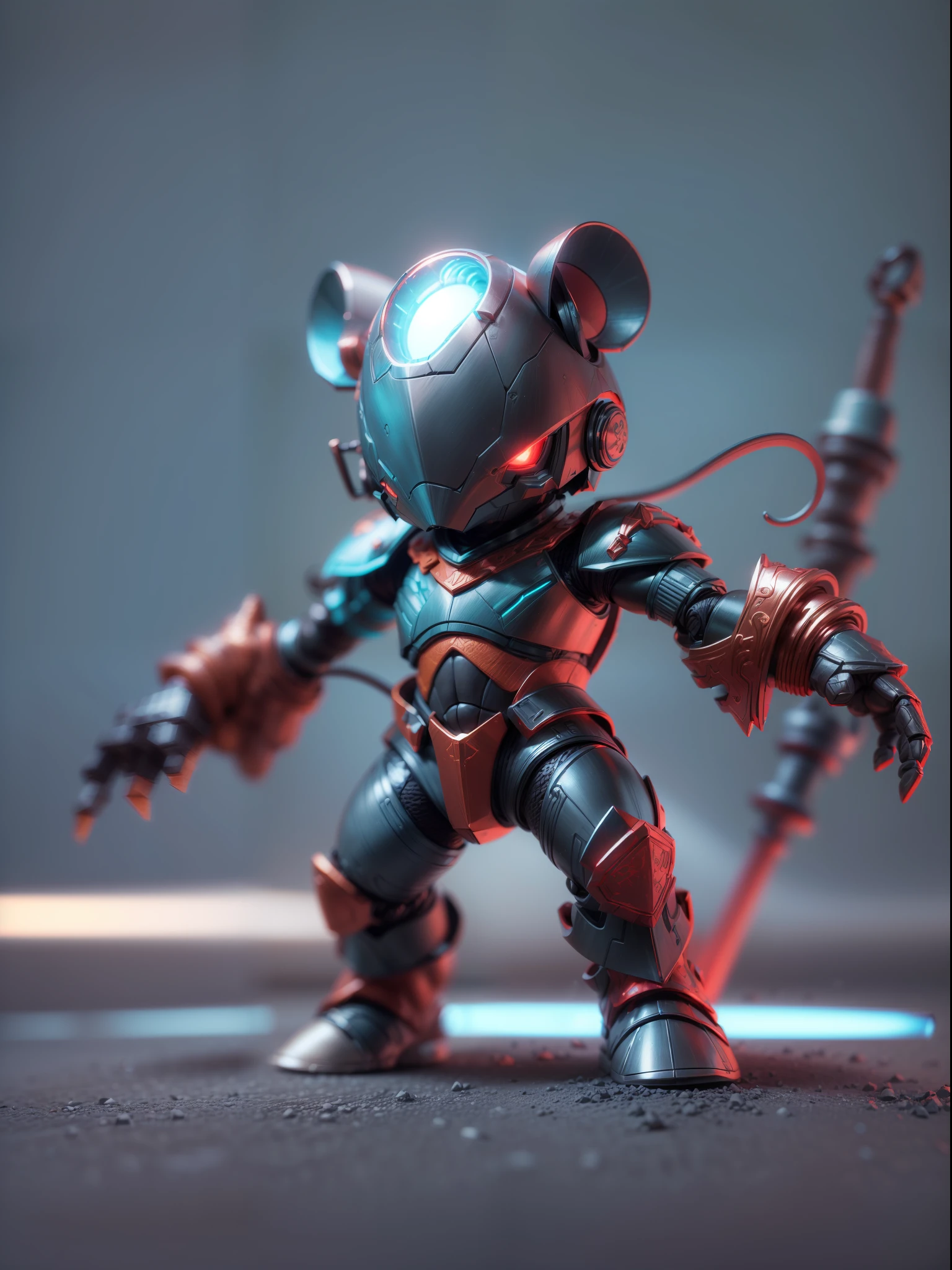 (Blind box toy style:1.3),((Full body shot))(anthropomorphism) , (1 strong mouse metal warrior)(((solo))) metal armor,dreamy glow, Clean dark background,Red cyan style，(circular base）( Global illumination, Ray tracing, hdr, unreal render,reasonable design, high detail, Masterpiece, Best quality, hyper HD, Cinematic lighting)