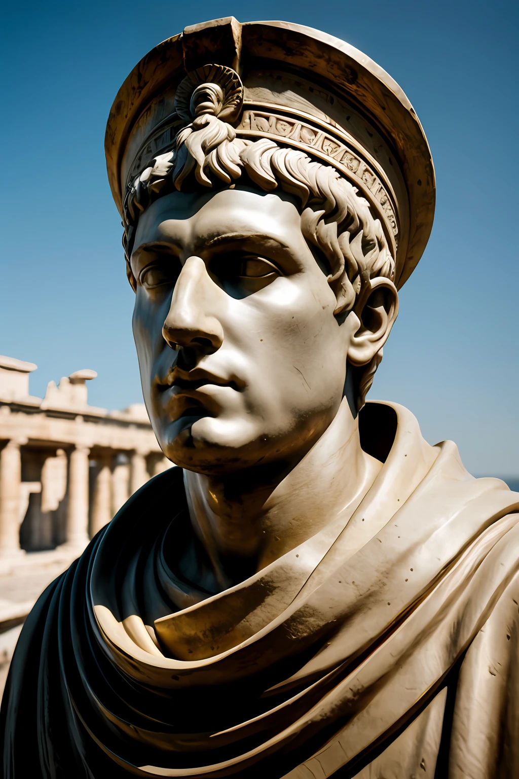 Statue of Roman Emperor Caesar with a wreath on his head, cinematic bust portrait, Escultura realista de 8K Bernini, inspirado em Pogus Caesar, Escultura 3D 8K Octane Render, Imperador Romano, cinematic bust shot, rosto estoico, inspirado em Caesar of Everdingen, 3D Octane Escultura Render 8K, Retrato VFX altamente detalhado