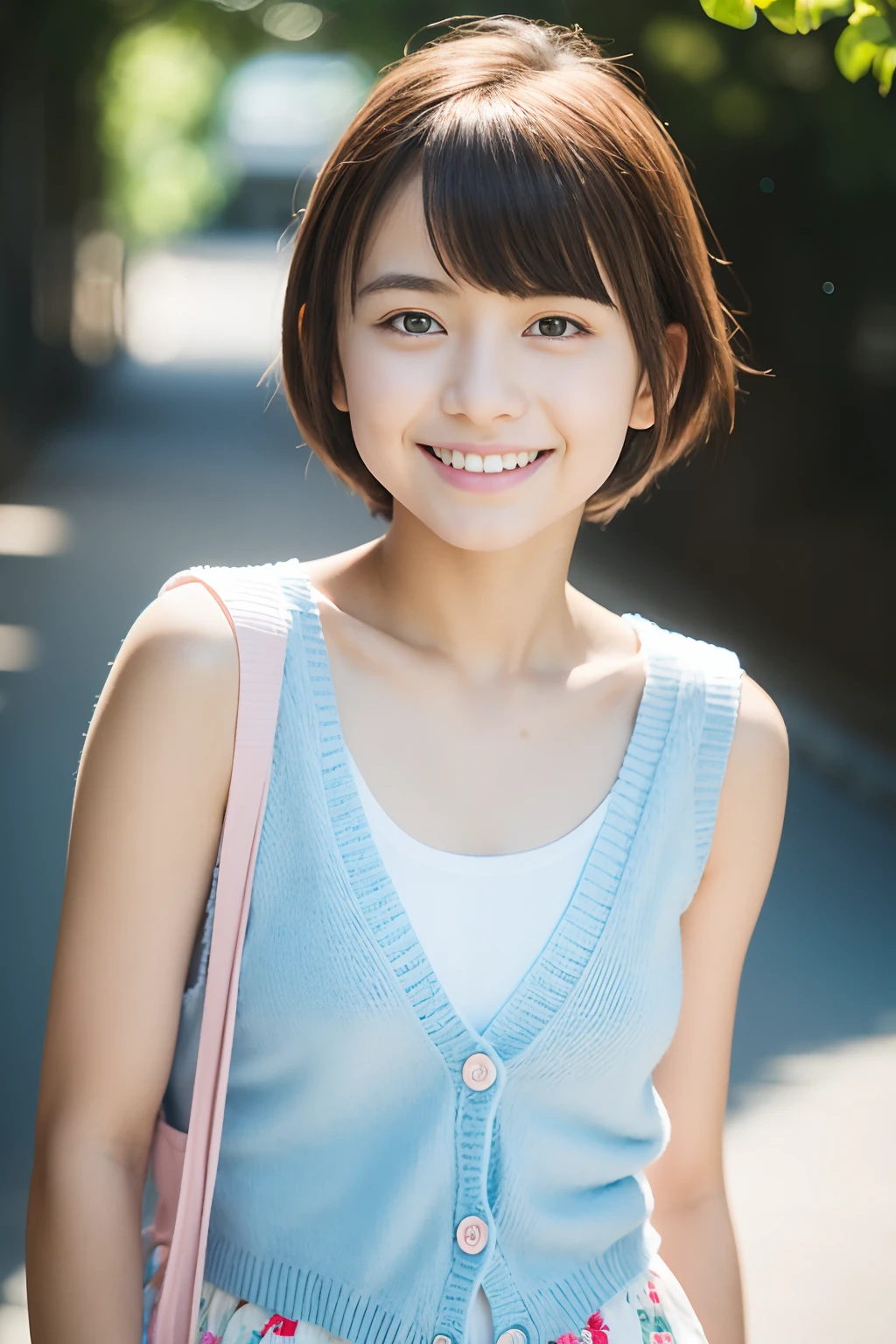 (Light blue sleeveless cardigan),(white tank tops), Lens 135mm f1.8, (Best Quality),(Raw photo), (masutepiece:1.1), (Beautiful 14 year old Japan girl), cute face, (Chiseled face:0.7), (hitornfreckles:0.6), Dappled sunlight, Dramatic Lighting、(Pink floral shorts),(beautiful thigh),a pixie cut, (Smile),(Sparkling eyes)、