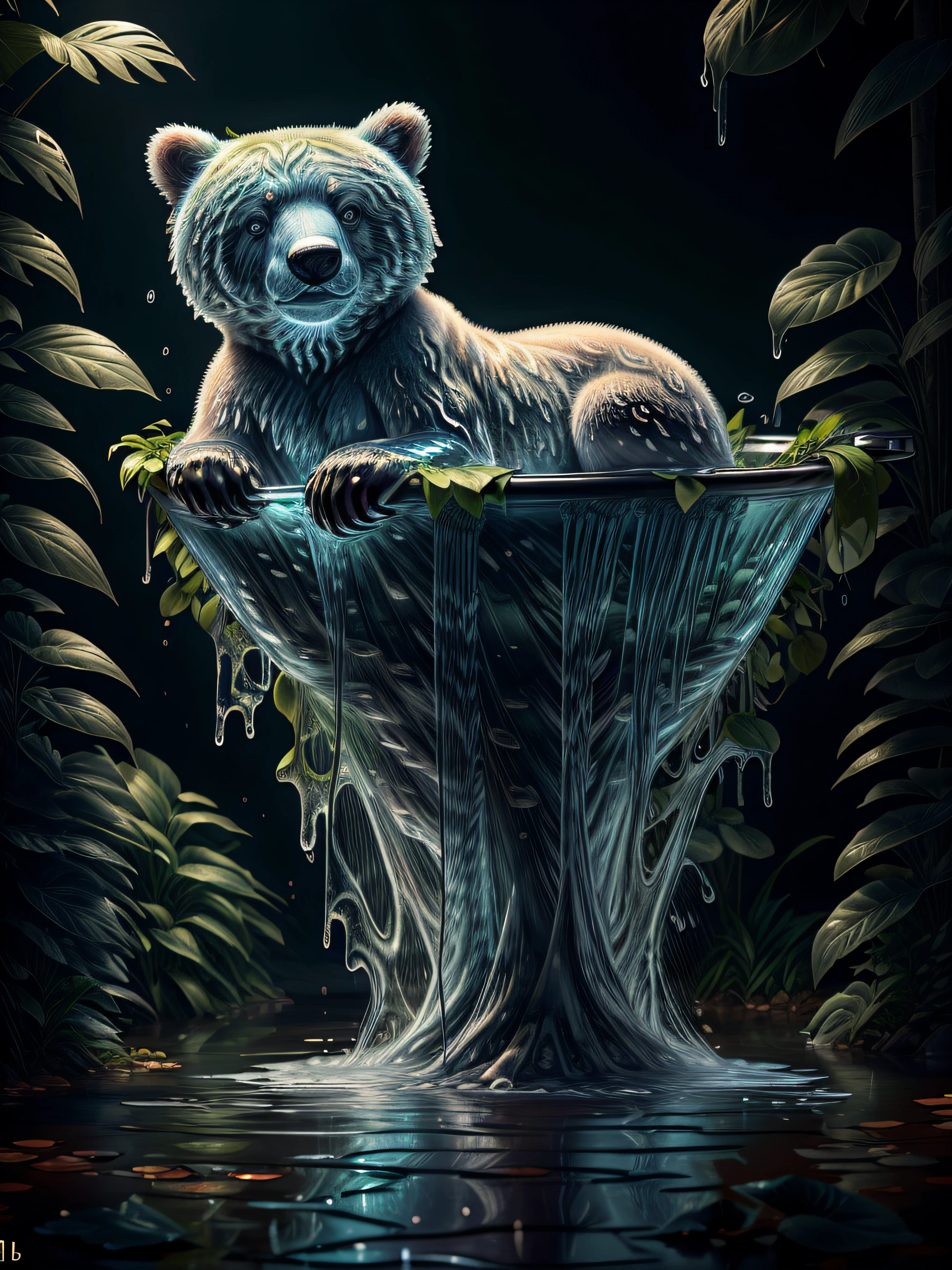 WaterAI liquid bear, ((taking a bath)) , in forest , over grown plants, full bear body, 8k, RAW photo, best quality, masterpiece, high detail RAW color photo, dramatic lighting, cinematic lighting, back light, professional lighting