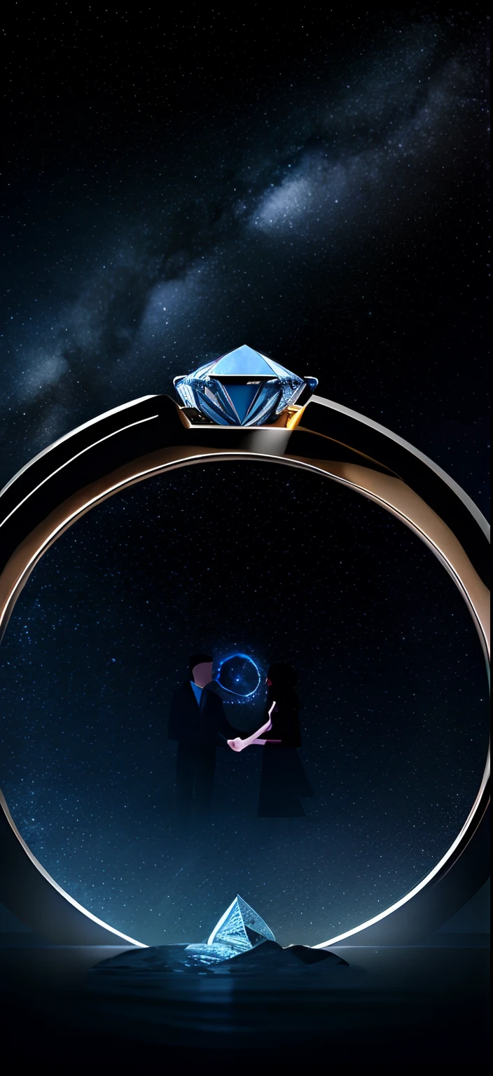couple，seas of mountain，humongous large breast(diamond ring:1.5)，Beautiful starry sky，minimal style，Light，clean backdrop,Graphic illustration，Beautiful and romantic