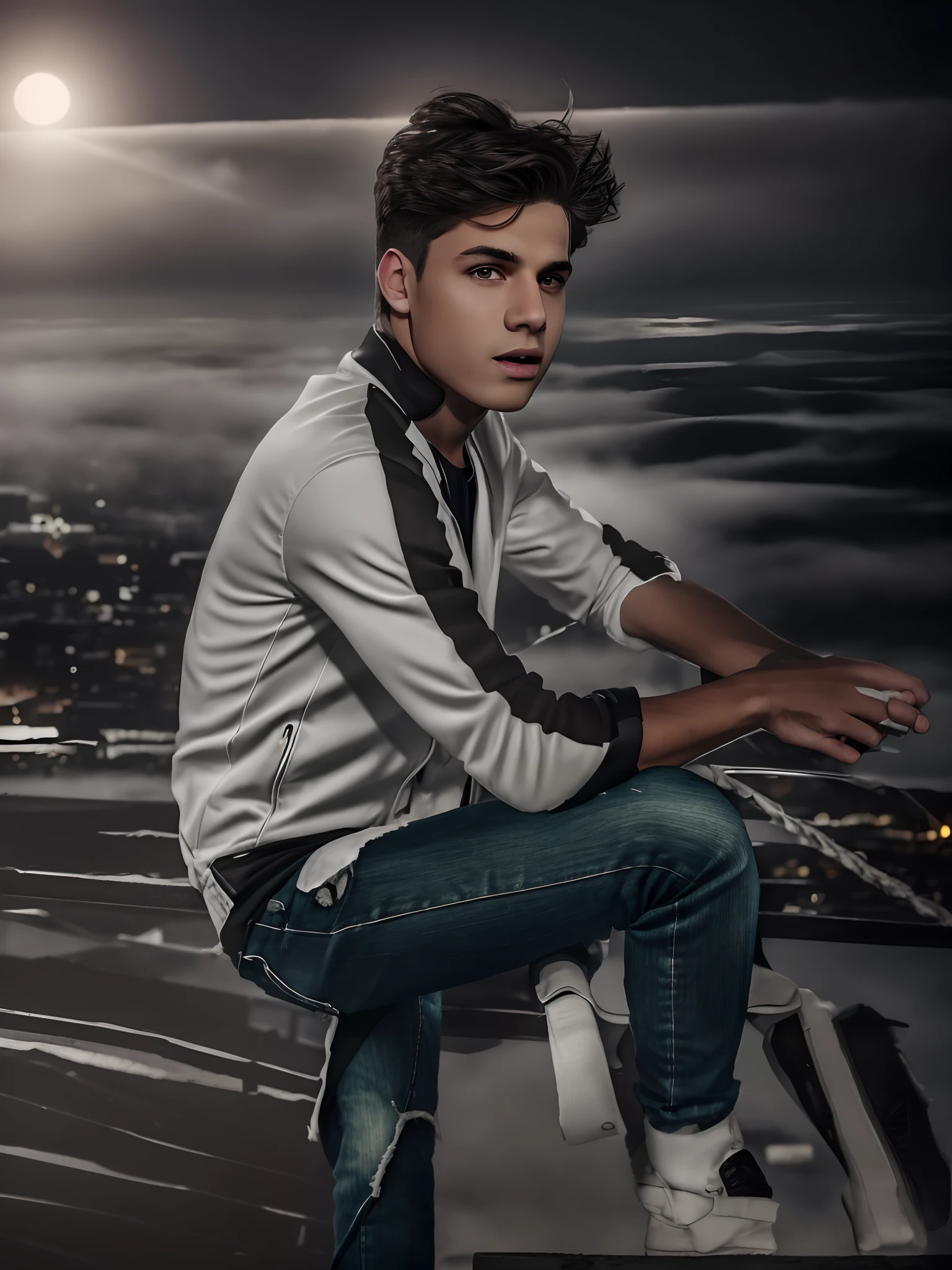 Young American boy, dark brown hair with dark green eyes athletic with vampire fangs. Wearing slightly ripped jeans and white shirt with black jacket. Realistic, 4k, better picture, better quality. Background city at night with fog.
