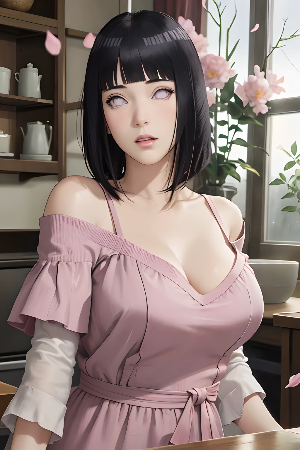masterpiece, absurdres, hinata\(boruto\), 1girl, solo,mature female, off shoulder floral dress, looking at viewer, (falling petals), perfect composition, detailed lips, big breast, beautiful face, body propotion, blush, (pink lips), long hair, purple eyes, soft gaze, super realistic, detailed, photoshoot, realistic face and body, sexual expression, seductive expression,