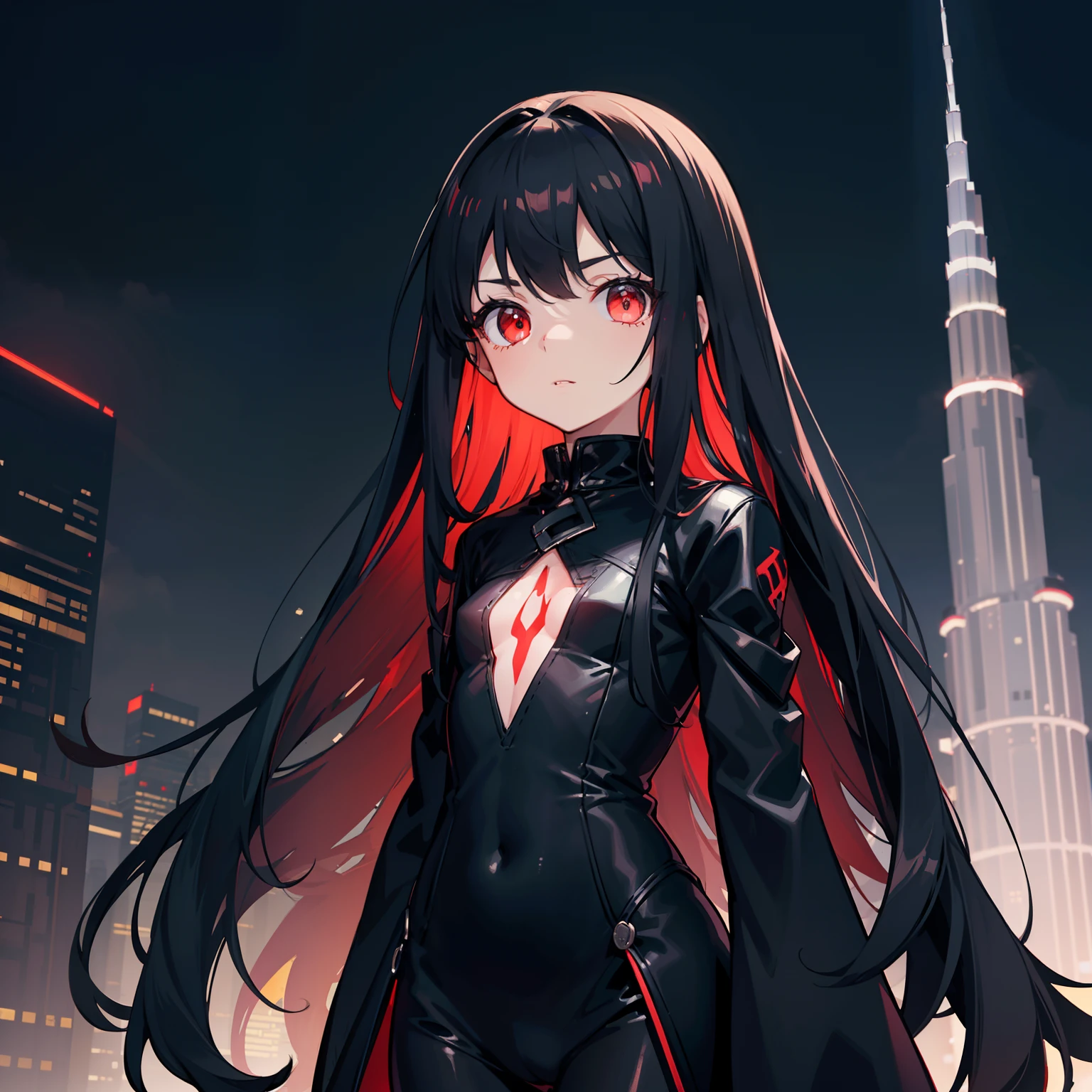 a loli with long black hair, red glowing eyes, small body, black suit, standing, facing the city, ultra detailed Burj Khalifa