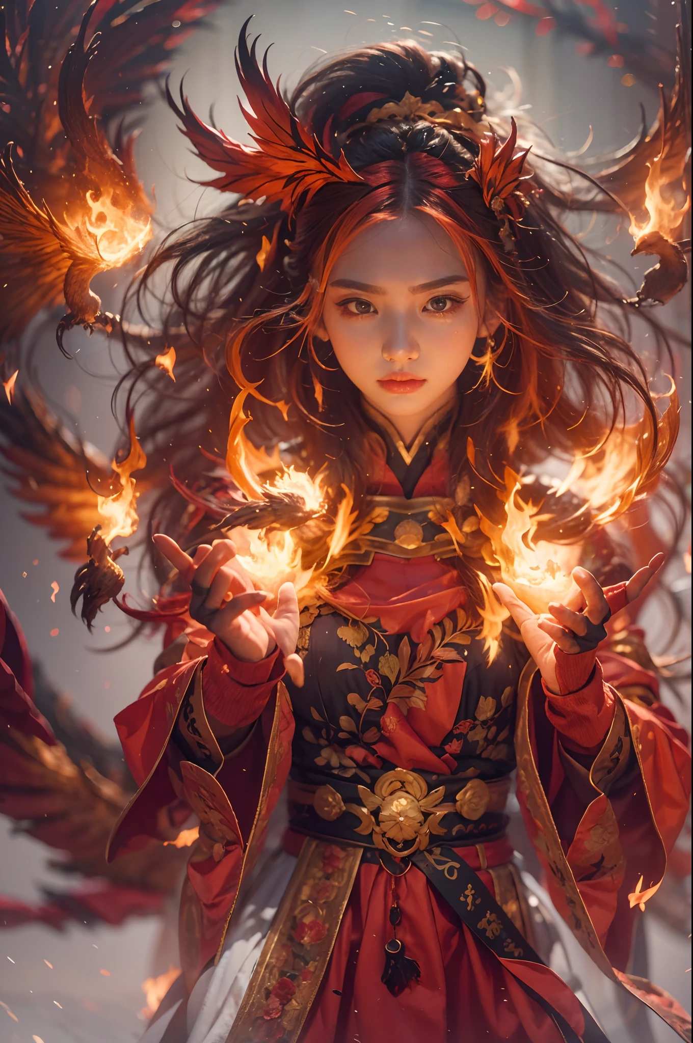 1girll，Flame mage dressed in fiery red（Chinese Hanfu），The robe was embroidered with intricate runes and ornaments，Exudes a burning breath。He was tall and strong，Hands up，Powerful fire spells are being unleashed。His eyes were firm and sharp，A flash of fire flashed in his eyes，Behind the Flame Mage，（A huge flame phoenix spread its wings and flew：1.2），（The feathers of the phoenix burned with roaring flames），It shines brightly，Its body is surrounded by flames，Flame feathers danced，Form a spectacular flaming six-pointed star array pattern，Full of mysterious magic，The whole scene is full of fiery aura and passion for fighting，Large areas of flame spells bloomed in the air，A brilliant arc of flame and flying sparks formed，（Flame Mage and Phoenix），It appears majestic and mysterious in the midst of raging fires，Like the embodiment of fire and magic，red hair，high detal，ultra-realistic realism，Verism，（（Bust photo）），（real photograph：1.4），（lightand shade contrast），cinmatic lighting，Realistic special effects，c4d渲染，rendering by octane，Ray traching，in a panoramic view，angle of view，textureskin，super detailing，hyper HD，tmasterpiece，anatomy correct，best qualtiy，A high resolution，8K