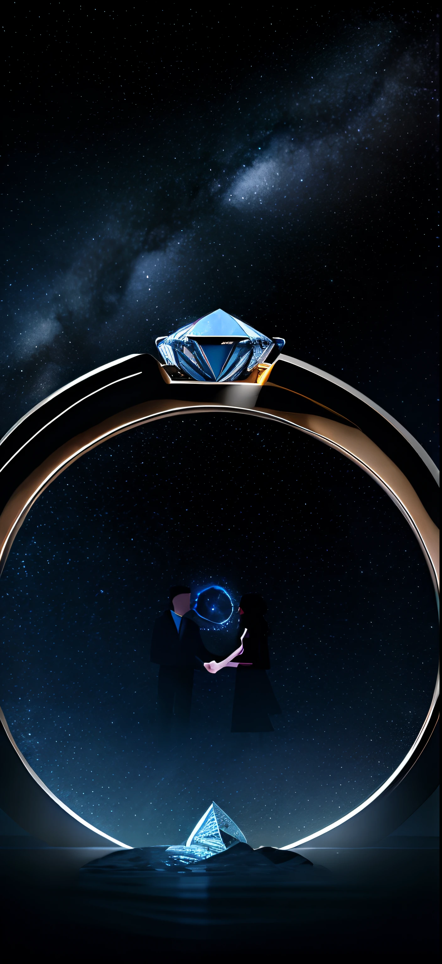 couple，seas of mountain，humongous large breast(diamond ring:1.5)，Beautiful starry sky，minimal style，Light，clean backdrop,Graphic illustration，Beautiful and romantic