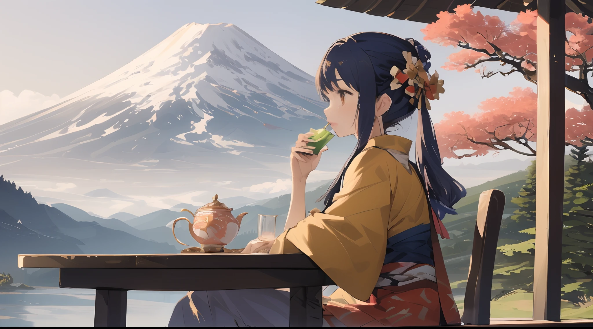 (Best quality),(Masterpiece),(Ultra detailed),(high detal),(Extremely detailed) Anime landscape, (Ultra detailed) Surreal scenarios, Features Mountain. Fuji, Vivid colors and dynamic elements, Reminiscent of Hokusai's work.A young woman,Sit at the table,Drinking tea,(Looking at Mt. Fuji in the distance),The character is on the left side of the frame,Rear left 45 degree viewing angle,Face away from the camera,(The character's head turns to Mt. Fuji),8k wallpaper,Small people,Jingda,Highlight the overall mood feeling,