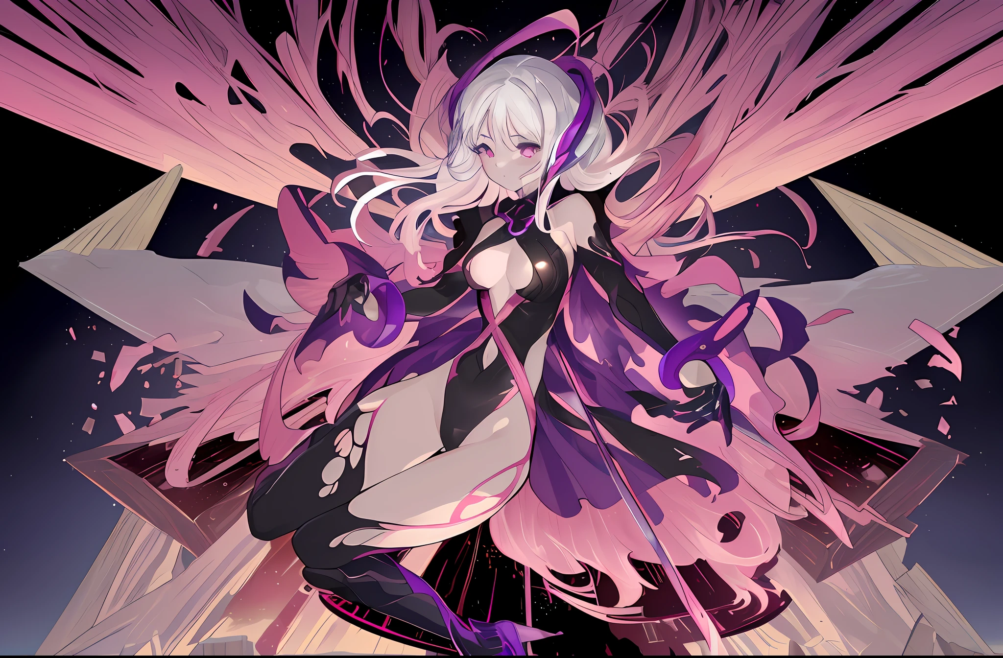 (((Masterpiece))), absurdres, illustation, ultra detailed, (1girl:1.3), golden ratio, panorama, full body, super dynamic image, super beautiful and vibrant colors, girl with a battle look, super beautiful girl with super beautiful white hair and super beautiful shiny violet eyes with beautiful patterns, perfect body, very delicate and sexy body, space between legs, wearing a super tight torn black body suit, and pink gloves and pink boots over the black body suit, sorrounded by beautiful rings of powers generated by her with her hair going up because of the wind generated by her powers and the ground getting destroyed with pieces of the same ground flying around, super detailed scenery