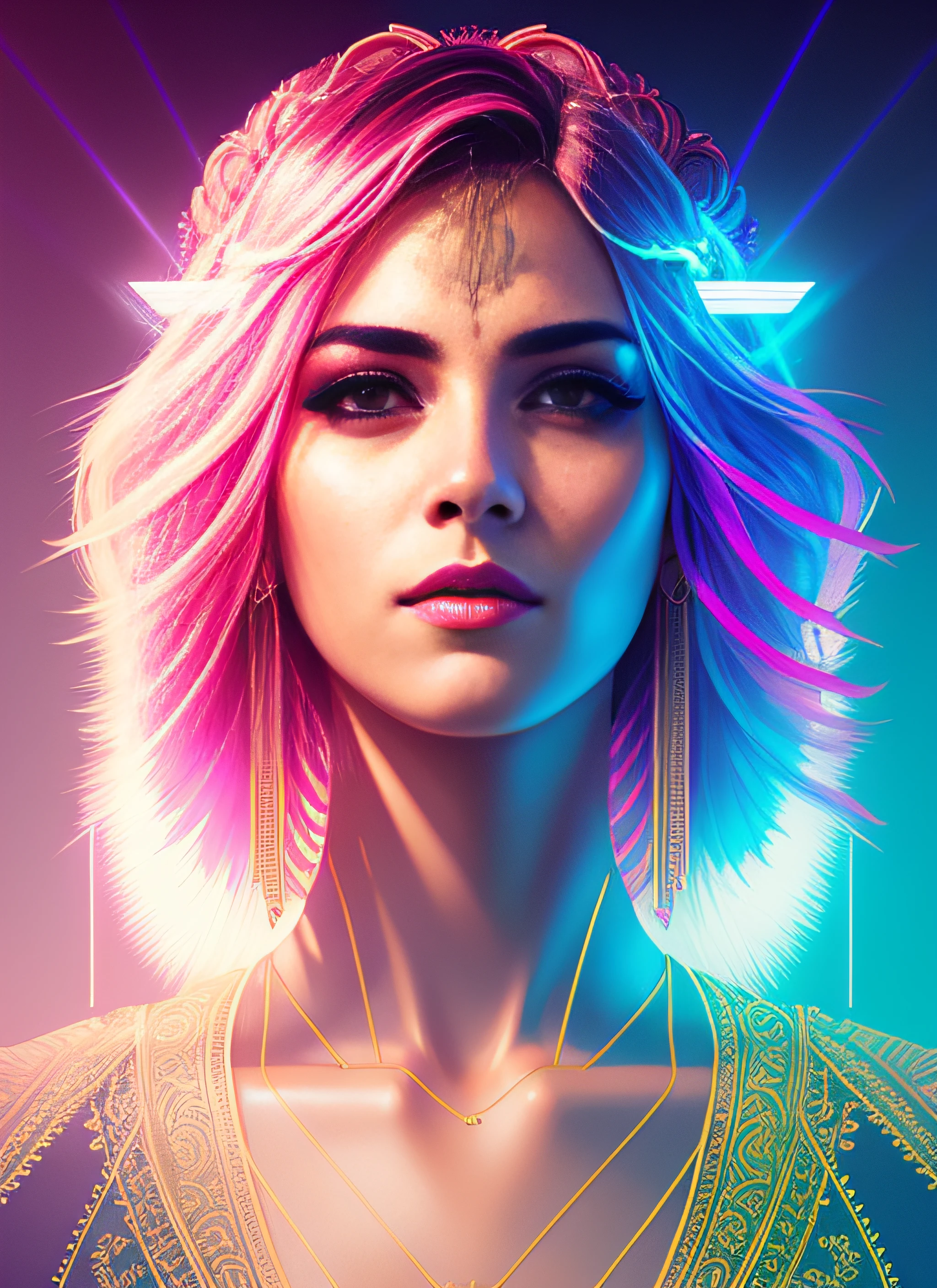 (swpunk style:1) synthwave portrait of a woman as a beautiful goddess, light rays, light bands, lightgeo, beautiful intricate filegrid facepaint, intricate, elegant, highly detailed, digital painting, concept art