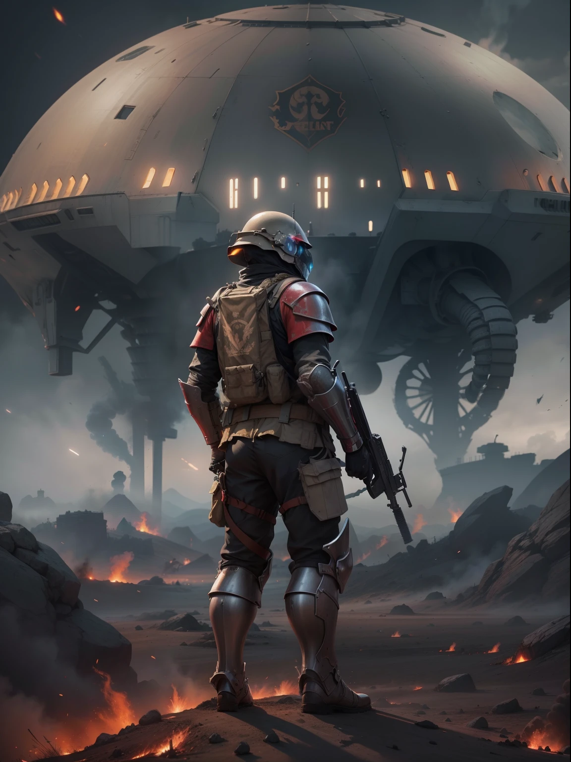 Future Battlefield,Alien Civilization War,Gunsmoke fills,A small mound,A red flag is planted on it,A soldier wears armor,full armour,The background is the army of the SA,The picture is stunning,Magnificent,Magnificent,in the style of futuristic,There are no bad pictures