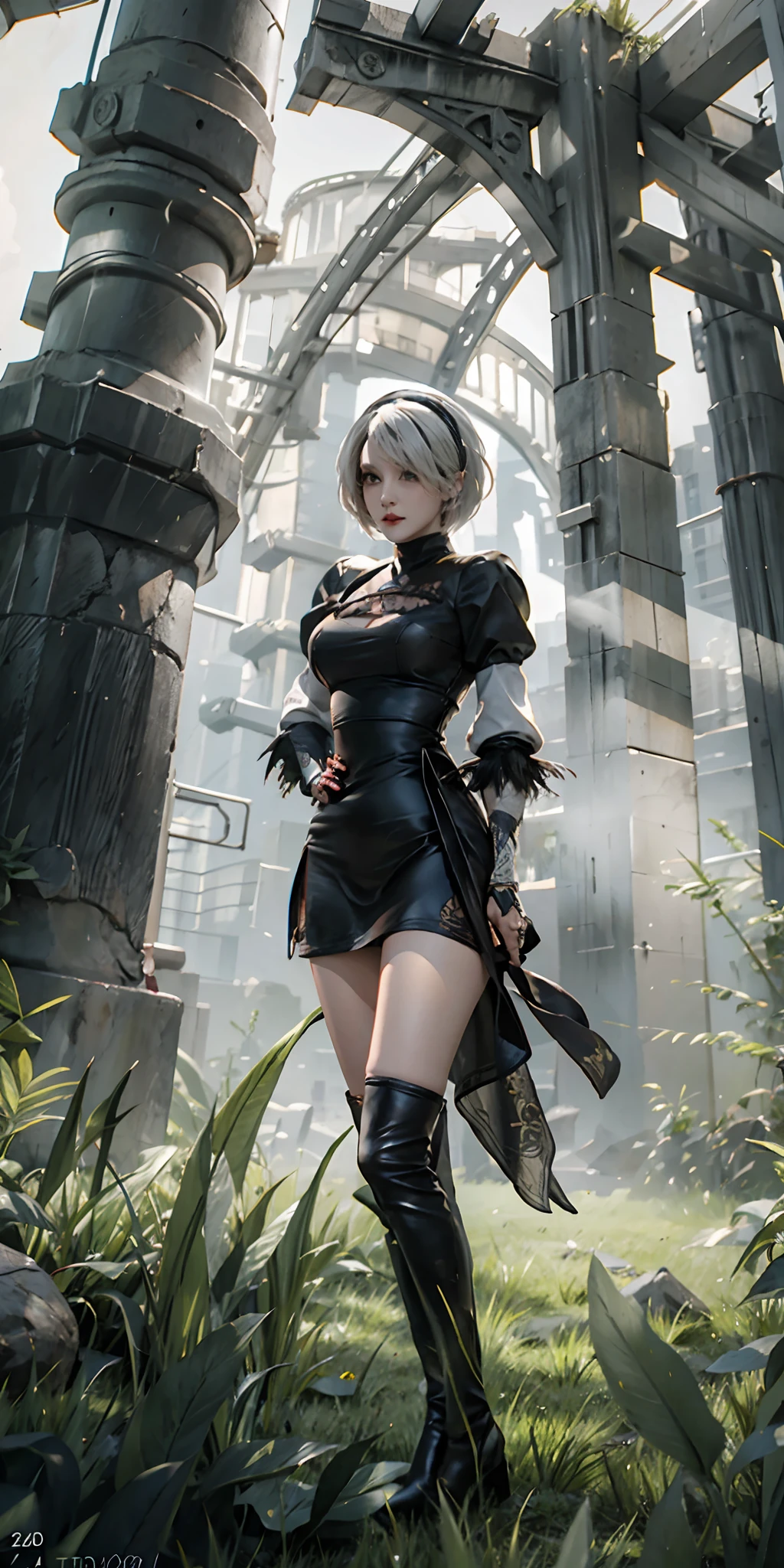 photorealistic, high resolution, soft light,1women, solo, hips up, (detailed face),tattoo, jewelry, yorha no. 2 type b, black dress, black hairband, boots, dress, feather-trimmed sleeves, feather trim, gloves, grass, hairband, high heel boots, high heels, highres, juliet sleeves, leather, leather boots, long sleeves, nier \(series\), nier automata, outdoor, thigh boots, thighhighs, thighhighs under boots