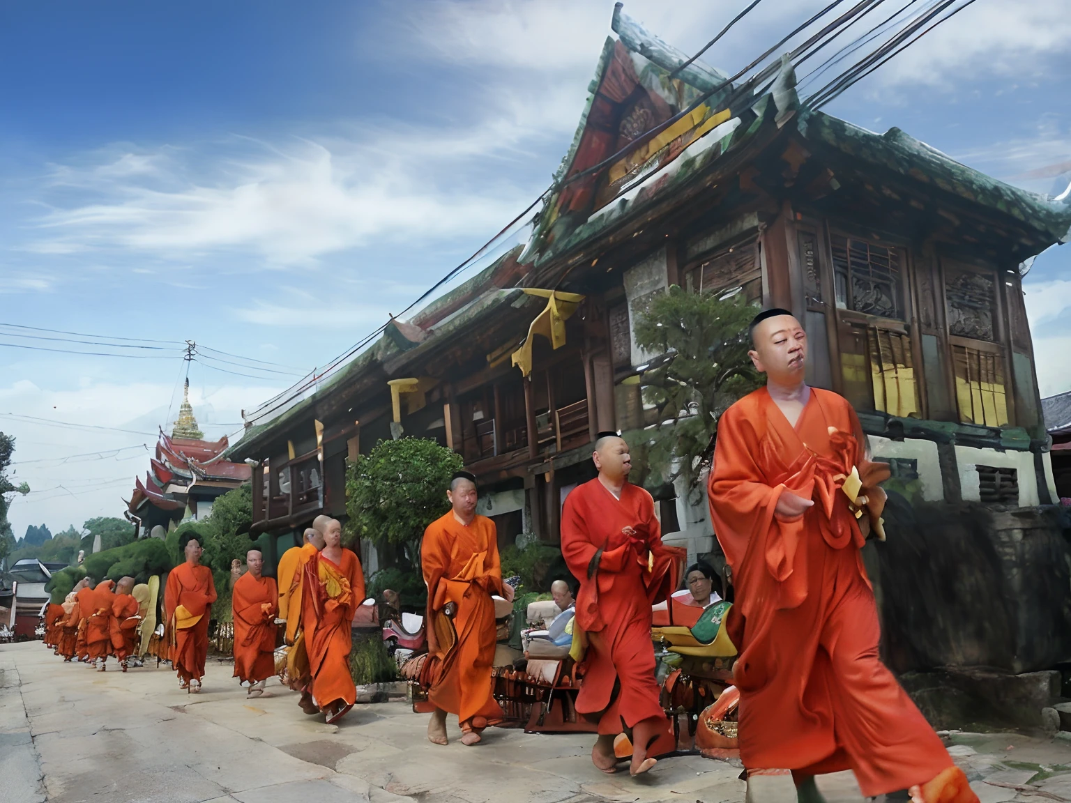 Many monks marched through the street in front of the building., buddhist monk, Laos, traditional, monk clothes, Temples and Taoist monks, in front of a temple, buddhist temple, in front of a temple, patiphan sottiwilaiphong, begging for alms, buddhist monk, Buddhist, Wear a red robe., buddhist monk!!!!!!!!! Fire, beautiful image