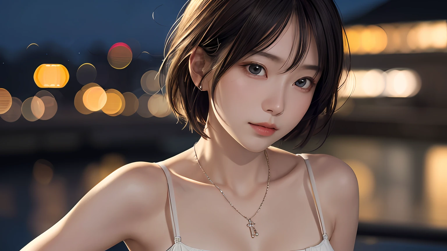 hamabeminami,(RAW photo, best quality), (realistic, photo-realistic:1.4), masterpiece, an extremely delicate and beautiful, extremely detailed, Amazing, finely detail, extremely detailed CG unity 8k wallpaper, ultra-detailed, highres, soft light, beautiful detailed girl, extremely detailed eyes and face, beautiful detailed nose, beautiful detailed eyes,cinematic lighting,city lights at night,perfect anatomy,slender body,short hair, cowboy shot, necklace, luxurious