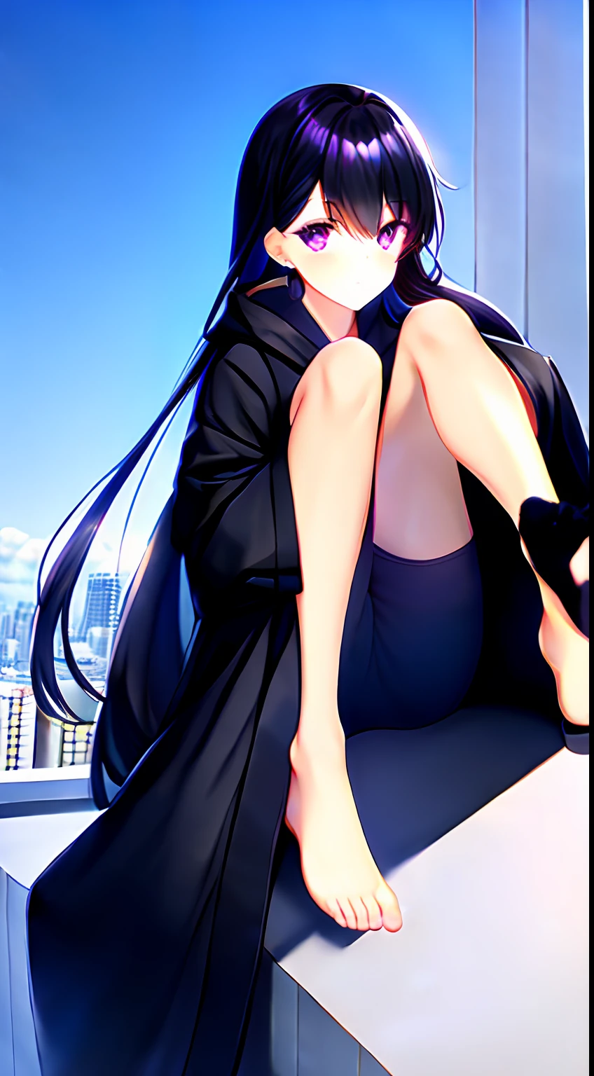tmasterpiece, Best quality at best, Kizi,height 152 cm,black long straight hair,no headwear, Purple eye, Large black coat, Sat down,The barefoot, Keep your feet up,A sole,High-rise rooftops