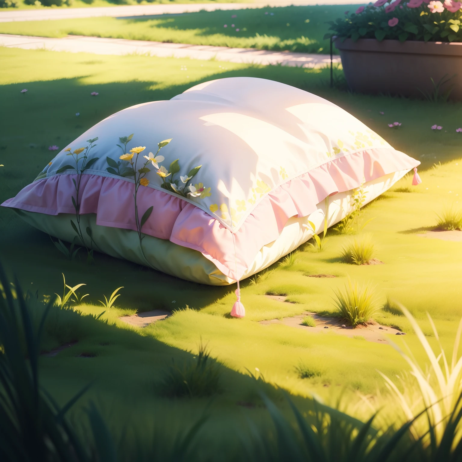 sunny clear sky，Verdant meadows，Lying on a pink throw pillow