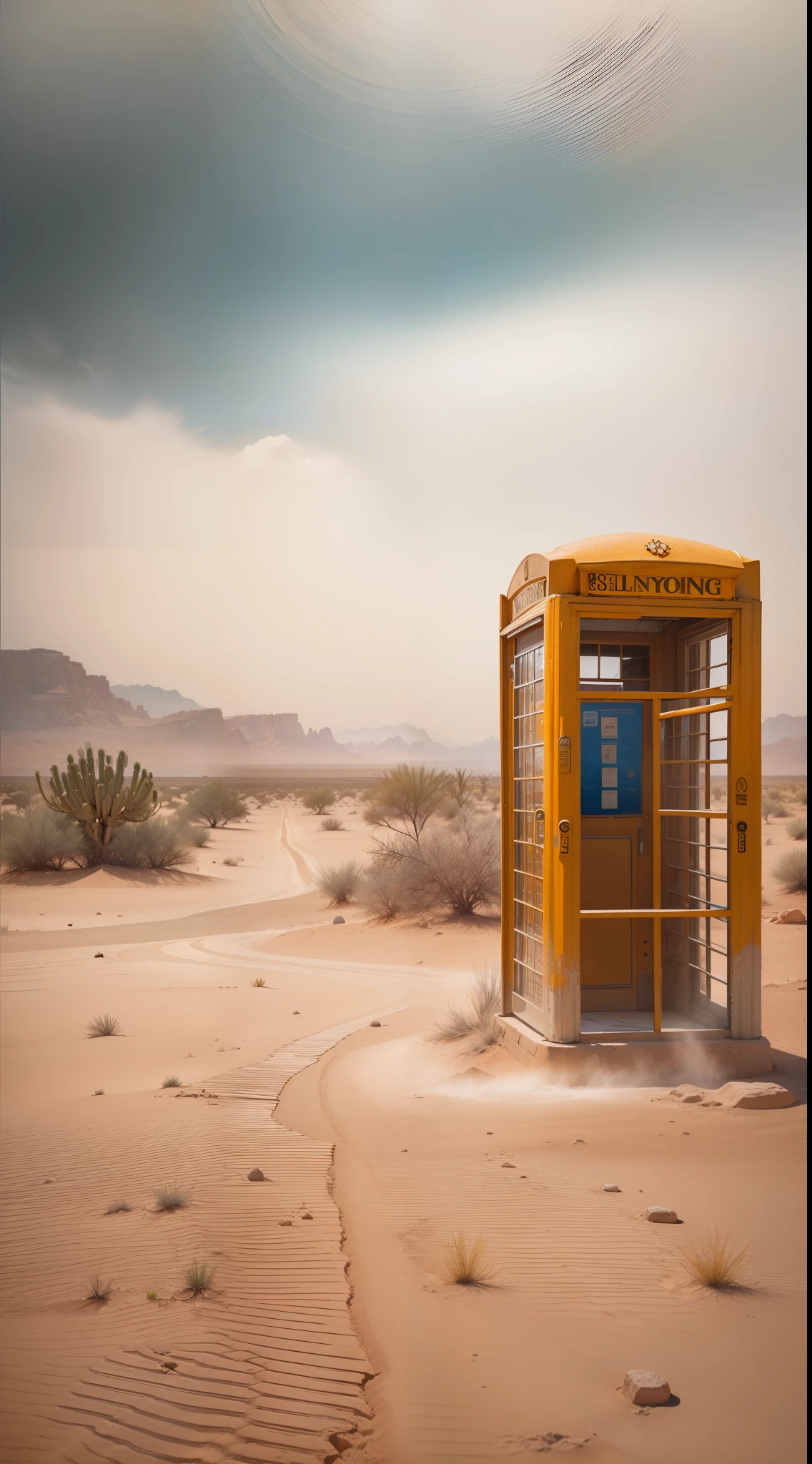 a blue phone booth sitting upright and perfectly aligned in the middle of a cracked and damaged desert landscape. The desert is engulfed in a dust storm, creating an atmosphere of distortion. The steampunk desert background features contrasting blues and oranges, giving it an otherworldly feel. In the distance, there is a serene oasis with palm trees. The camera used for this shot is a high-end model known for its exceptional image quality. The composition emphasizes the solitary nature of the phone booth, with the vast expanse of the desert stretching out in all directions. The perspective captures the phone booth from a slightly elevated angle, showcasing its unique presence in the desert. The lighting is dramatic, casting long shadows and highlighting the textures of the cracked desert floor. The depth of field is shallow, drawing attention to the phone booth while creating a sense of mystery in the blurred background. The shutter speed is set to capture the movement of the dust storm, adding dynamism to the image. The overall photo quality is exceptional, with sharp details and vibrant colors. This photograph captures the essence of desert photography, evoking a sense of abandonment and intrigue. --style raw --no camera --v 5.1
