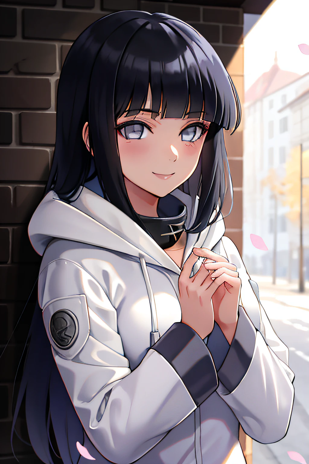 beautiful, masterpiece, best quality, extremely detailed face, perfect lighting, 1girl, hinata, hyuuga hinata, bangs, empty_eyes, black_hair, blunt_bangs, grey eyes, grey sleeves, headband_around_neck, highres, hime cut, hooded_cardigan, long sleeves, looking_at_viewer, petals, smile, solo, straight hair, upper body, hooded jacket, perfect body