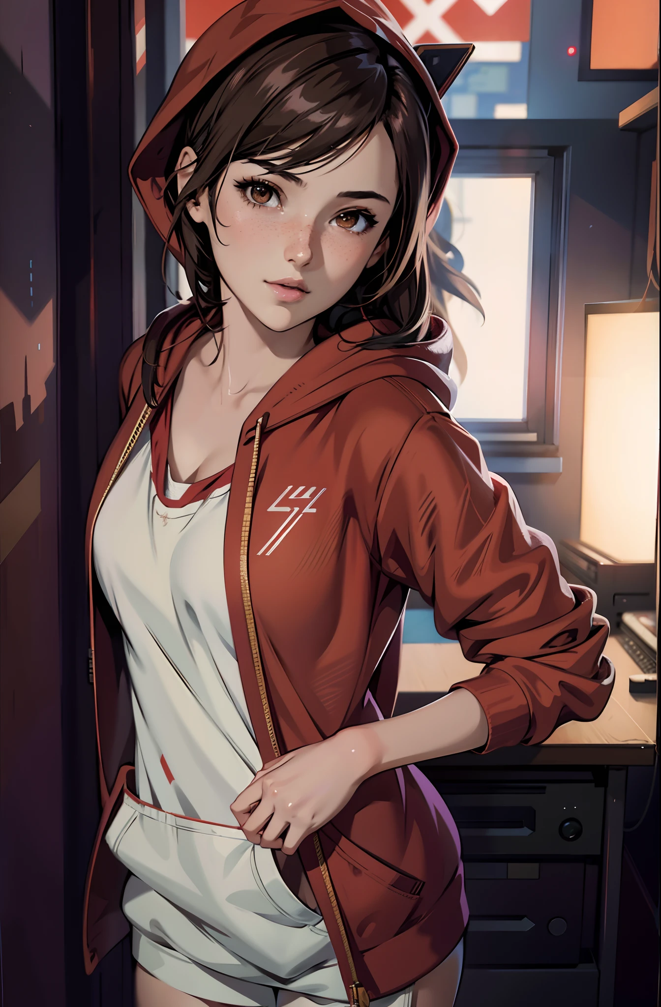 here is a woman standing in a bedroom, realistic anime 3 d style, smooth anime cg art, artgerm and atey ghailan, cyberpunk anime girl in red hoodie, digital anime illustration, artwork in the style of guweiz, photorealistic anime girl render, painted in anime painter studio, high quality portrait, urban girl fanart