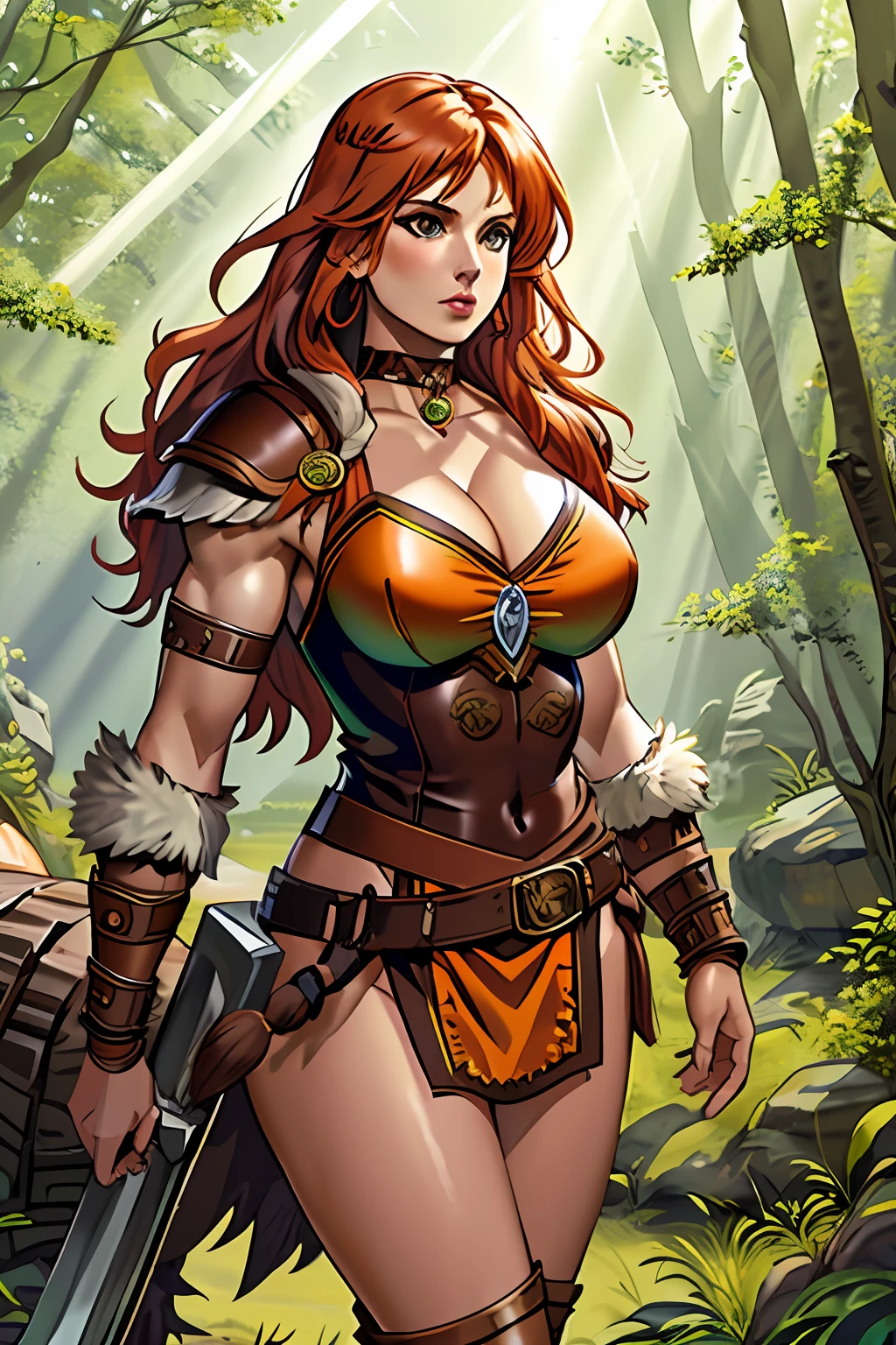 barbarian, amazon goddess, sexy armor, vivid colorful hair, pale skin, breasts, barbarian leather armor, choker minidress, savage power, light rays, god rays, furry armor, Jurassic, forest, leaves, muscular, bodybuilder, realistic