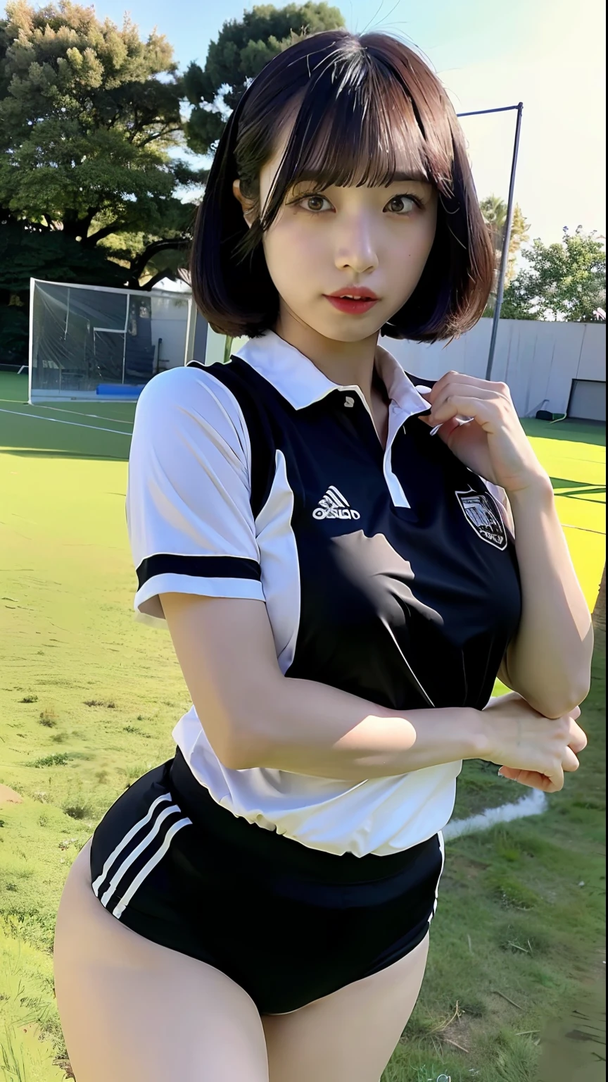 (top-quality、8K、32K、​masterpiece、nffsw:1.2)、Photo of a cute Japanese woman、Black short hair、beauitful face、(full body Esbian:1.3)、(a closeup:1.4)、Volleyball Uniforms、G-cup big breasts、(beautiful nipple slips:0.9)、Volleyball Court、the wind、shinny skin、blurry backround、