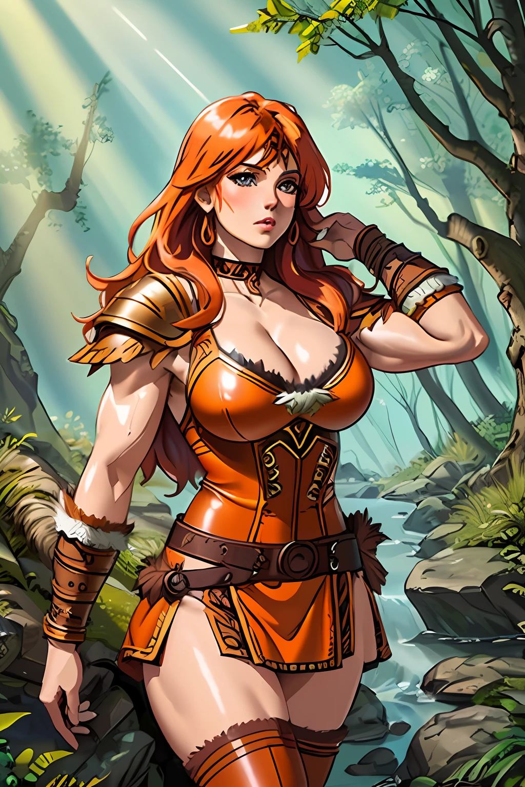 barbarian, amazon goddess, sexy armor, vivid colorful hair, pale skin, breasts, barbarian leather armor, choker minidress, savage power, light rays, god rays, furry armor, Jurassic, forest, leaves, muscular, bodybuilder, realistic