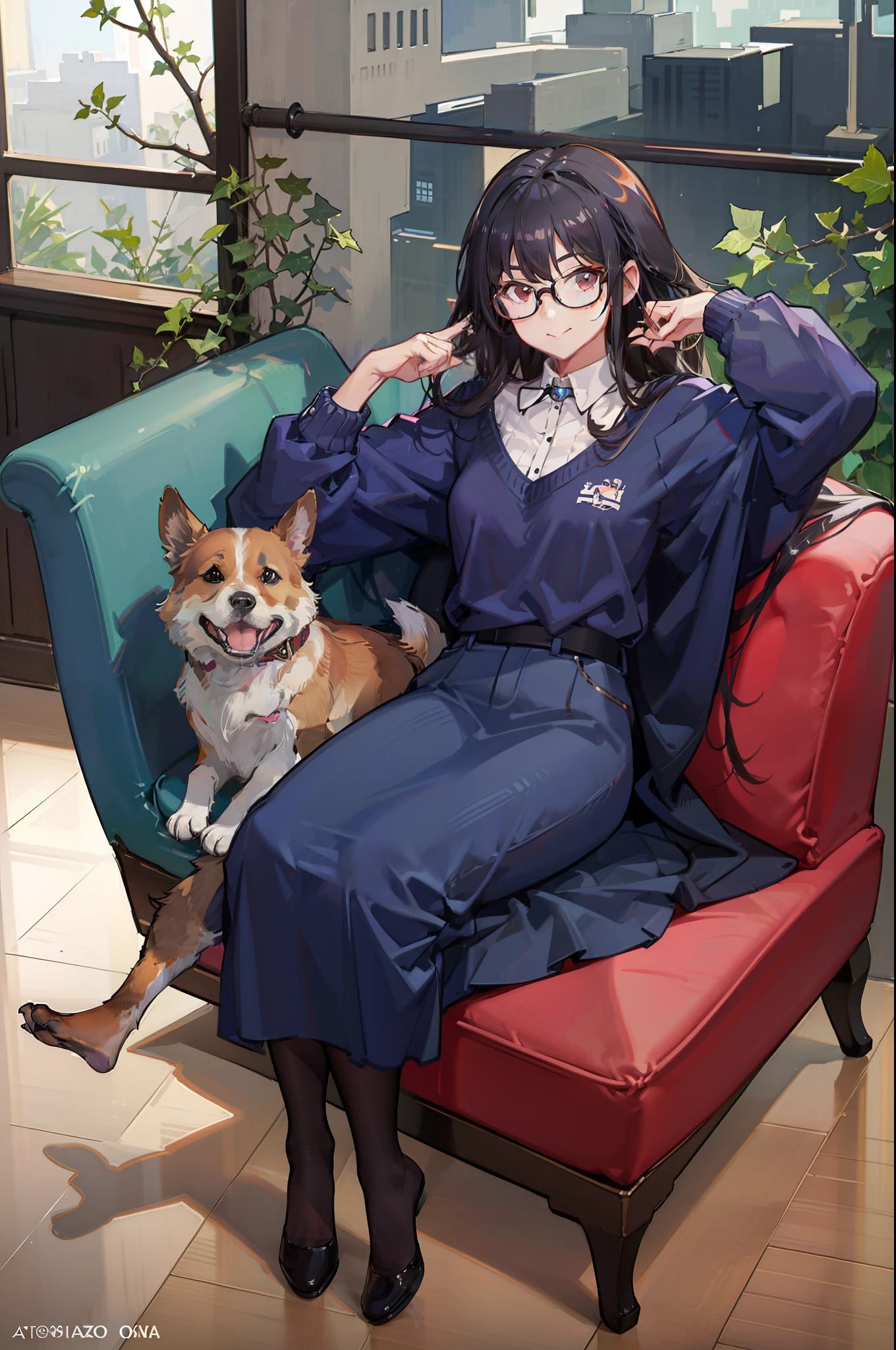 1 girl is smiling, 25 years old, wearing glasses and a blue sweater laying on a couch with a corgi dog, a picture by Nishida Shun'ei, instagram, shin hanga, selfie of a dog, taken with sony alpha 9, taken with canon eos 5 d mark iv, taken with sony a7r camera, with dogs, with ivy, captured with sony a3 camera, # oc.
