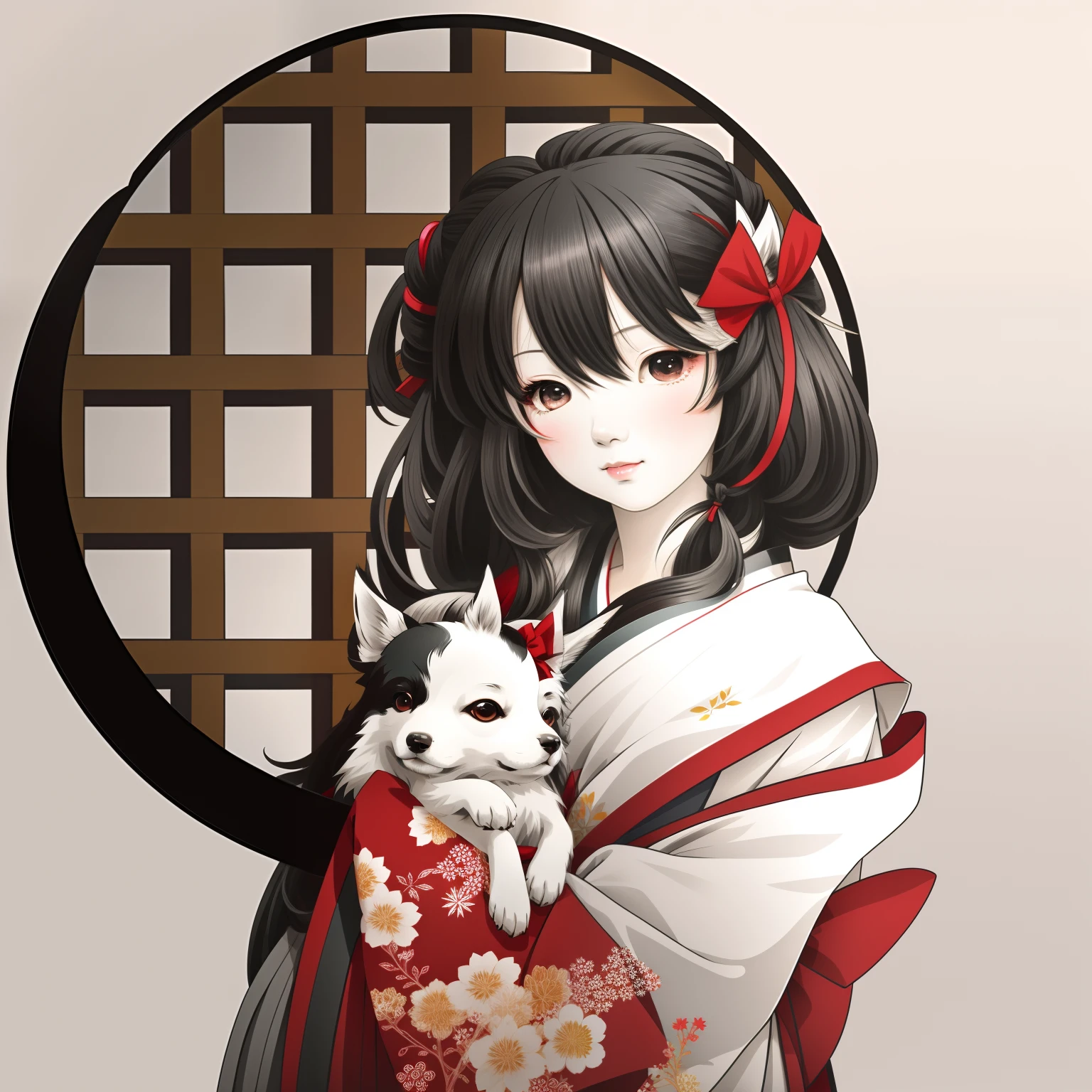 Anime girl with a dog in her arms, in a kimono, in a kimono, Pixiv Contest Winner, inspired by Nishikawa Sukenobu, shikamimi, artistic render of reimu hakurei, with kitsune mask, anime style portrait, digital anime illustration, digital anime art!!, pixiv, shikishi, Digital art at Pixiv