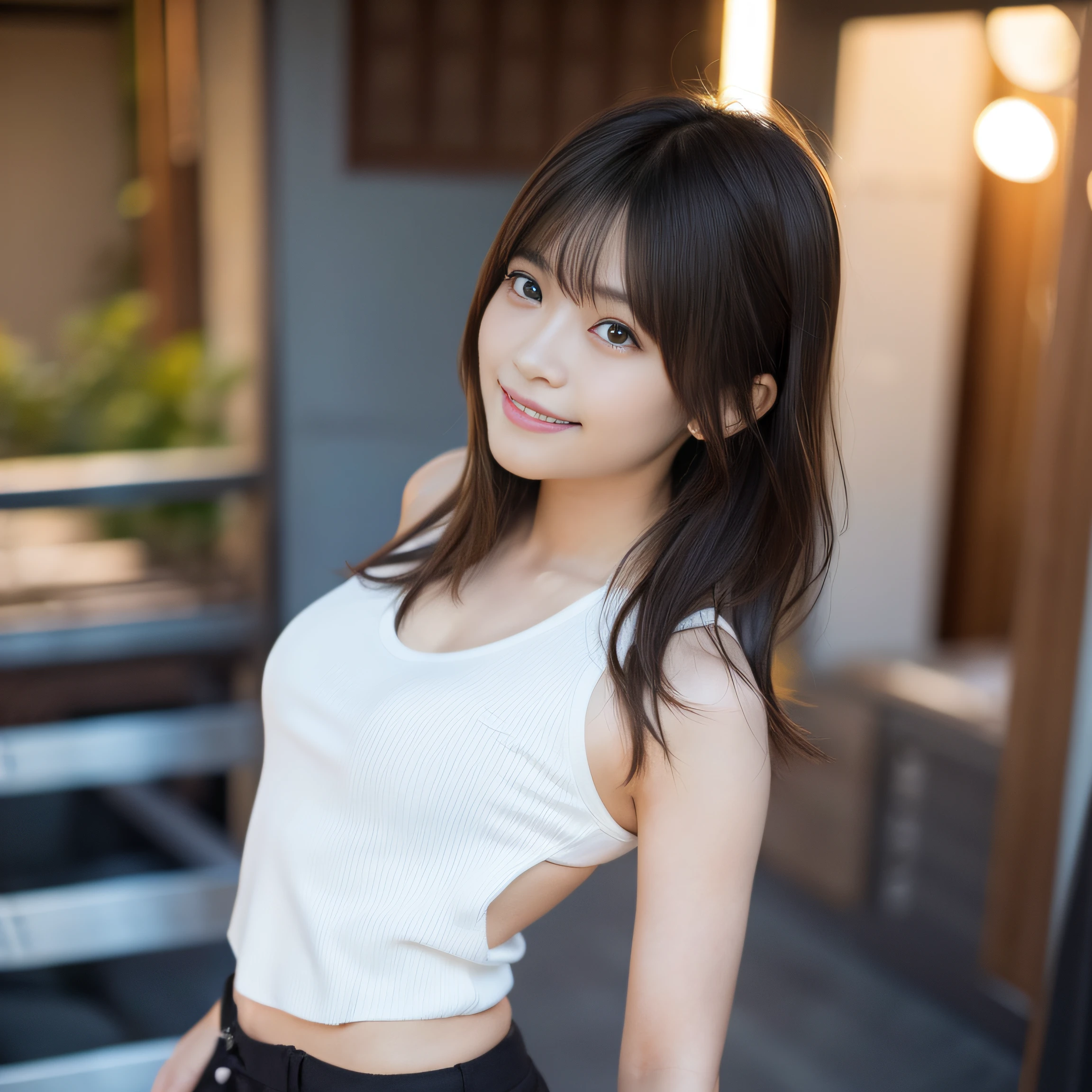 Highest quality, (beautiful)、Brown Hair、Looking into the camera、Upper Body、Close-up、Larger breasts、smile、Shoot from above、camisole、Shorts