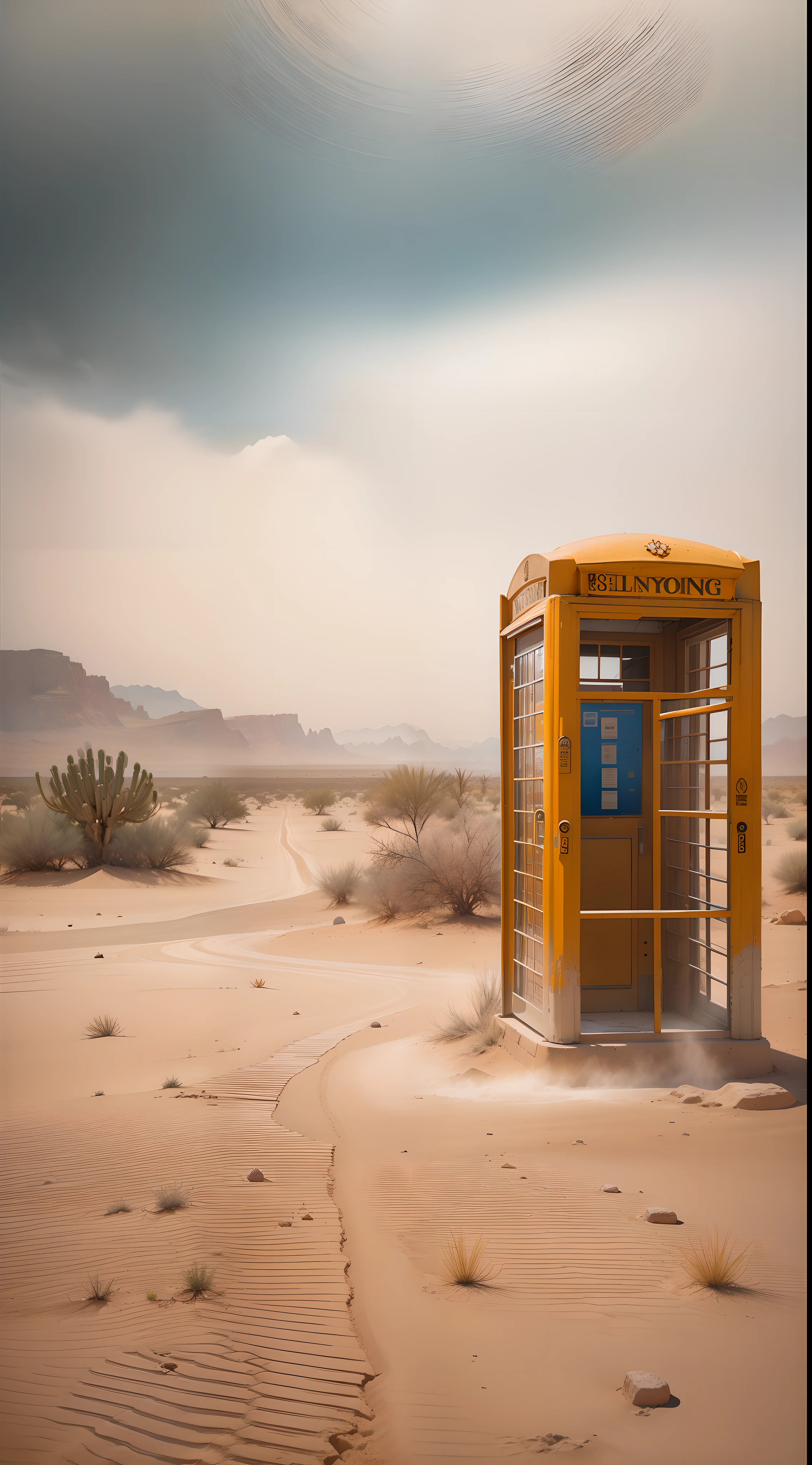 a blue phone booth sitting upright and perfectly aligned in the middle of a cracked and damaged desert landscape. The desert is engulfed in a dust storm, creating an atmosphere of distortion. The steampunk desert background features contrasting blues and oranges, giving it an otherworldly feel. In the distance, there is a serene oasis with palm trees. The camera used for this shot is a high-end model known for its exceptional image quality. The composition emphasizes the solitary nature of the phone booth, with the vast expanse of the desert stretching out in all directions. The perspective captures the phone booth from a slightly elevated angle, showcasing its unique presence in the desert. The lighting is dramatic, casting long shadows and highlighting the textures of the cracked desert floor. The depth of field is shallow, drawing attention to the phone booth while creating a sense of mystery in the blurred background. The shutter speed is set to capture the movement of the dust storm, adding dynamism to the image. The overall photo quality is exceptional, with sharp details and vibrant colors. This photograph captures the essence of desert photography, evoking a sense of abandonment and intrigue. --style raw --no camera --v 5.1