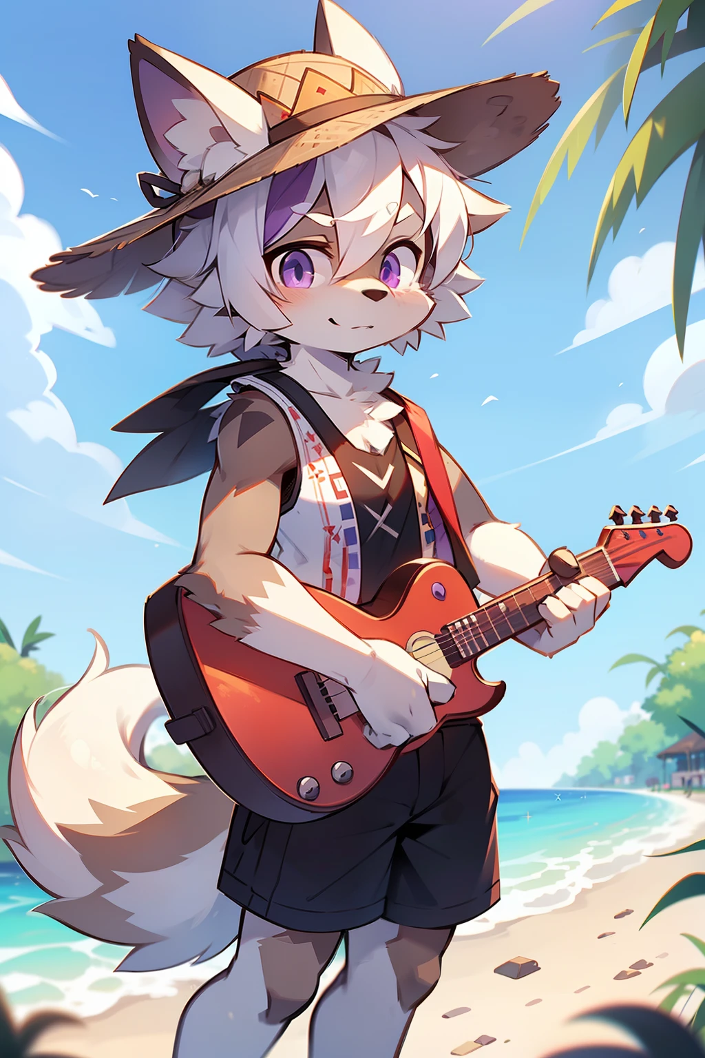 solo person,shaggy male,hairy bodies,shoun,coyote,canid,Gray fur,long white hair,The ends of the hair are purple,Purple eye,Bullied,adolable,Handsome,large tail,full bodyesbian,plays the guitar,Summer vest,Summer shorts,Straw Hat Hat,freshen,rays of sunshine,with dynamism