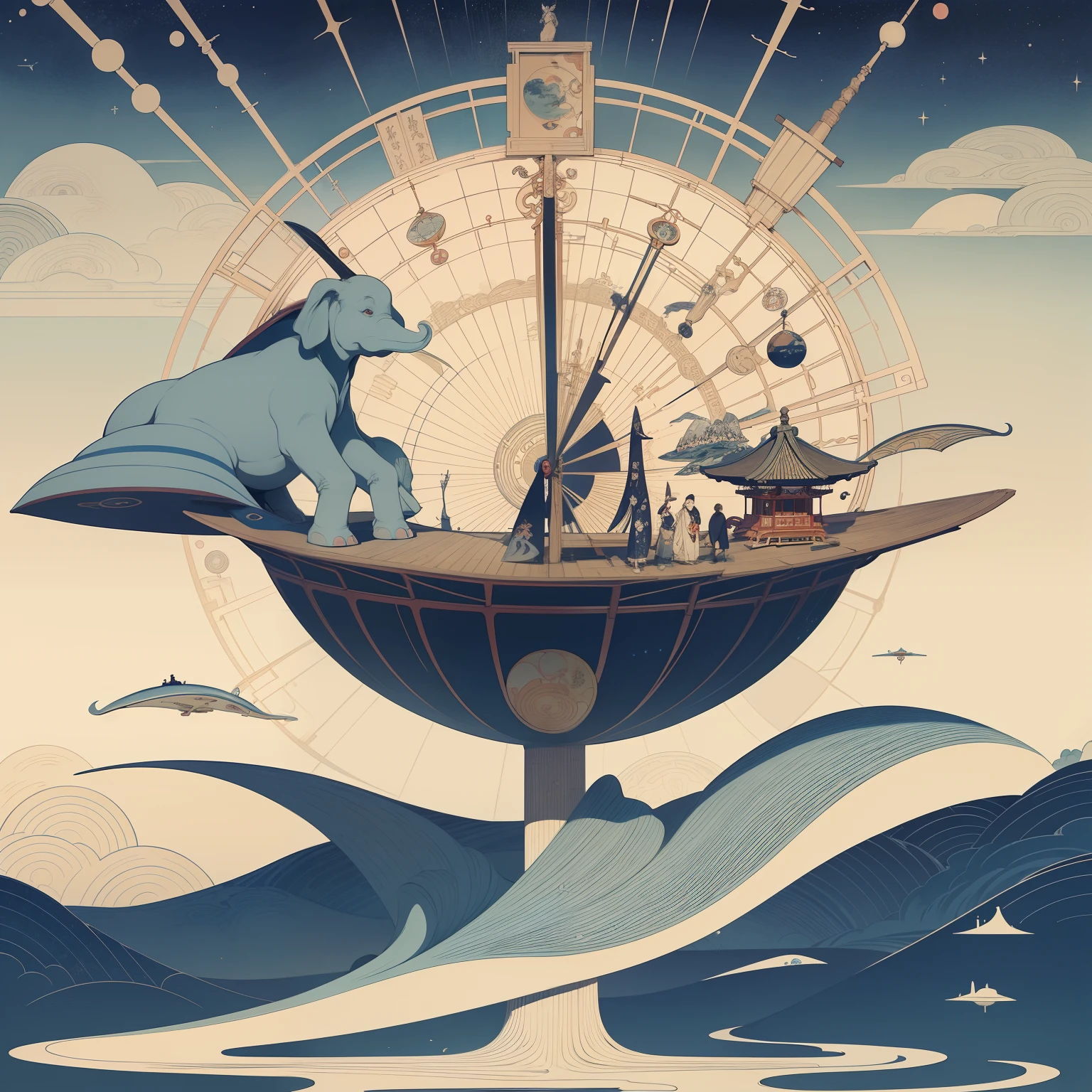 Ukiyo-e style Charles Robinson, Frank Pape, Kay Nielsen, surreal wondrous strange Whimsical absurderes fanciful Sci-Fi Fantasy Water transport instrument elephant platform Eleventh century Chinese astronomical observation clock tower Mineral Gathering Spherical triangulation