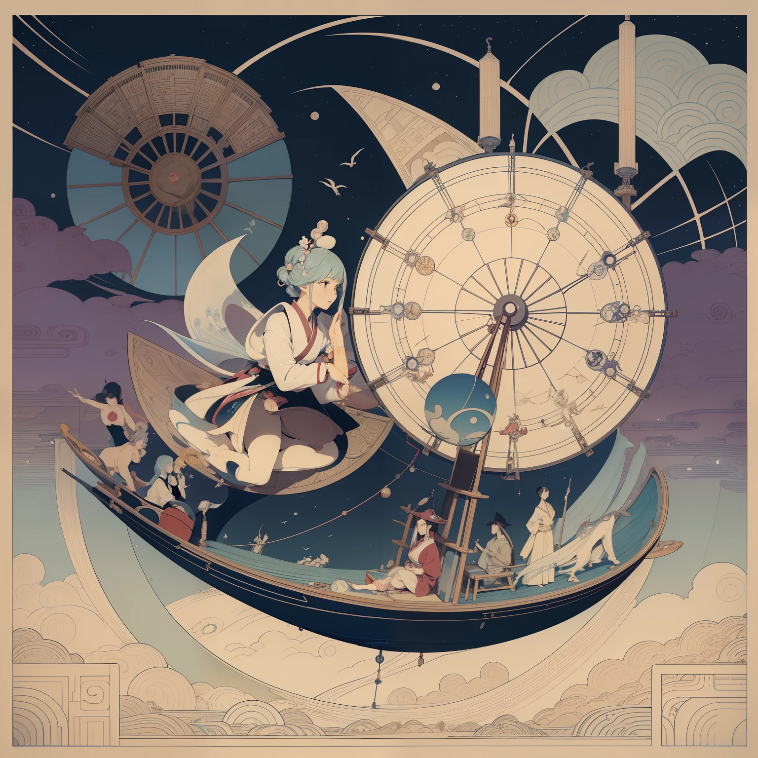 Ukiyo-e style Charles Robinson, Frank Pape, Kay Nielsen, surreal wondrous strange Whimsical absurderes fanciful Sci-Fi Fantasy Water transport instrument elephant platform Eleventh century Chinese astronomical observation clock tower Mineral Gathering Spherical triangulation