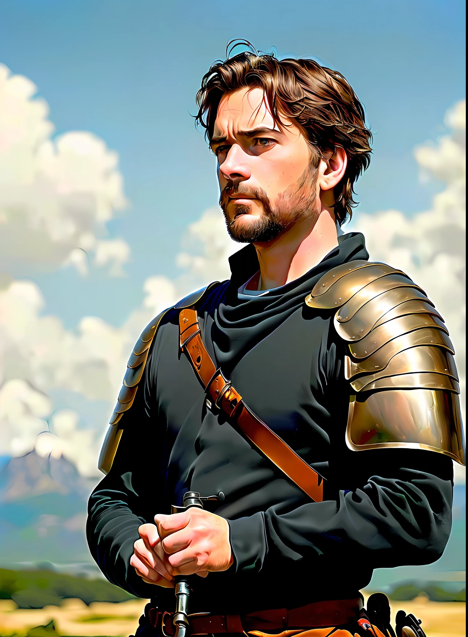 ModelShoot style, (Extremely detailed Cg Unity 8K wallpaper), full-shot body photo of the most beautiful artwork in the world, Medieval armor, Professional majestic oil painting by Ed Blinkey, atey ghailan, by Ghibli Studio, author:Jeremy Mann, Greg Manchess, Antonio Moro, trending on artstationh, trending on CGSociety, Intricate, High detail, Sharp focus, Dramatic, photorealistic painting art by midjourney and greg rutkowski,Handsome man