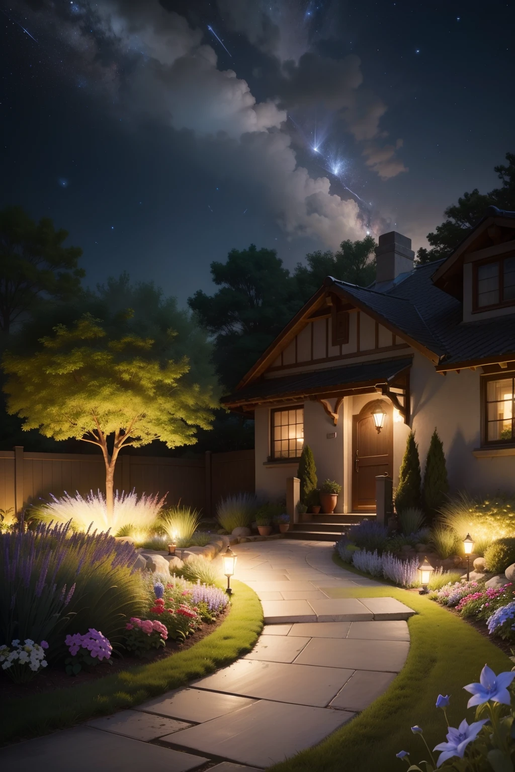 Peaceful garden in front of the little boy's house
Blue shooting stars streaked across the sky
Meteorite landing，Glow
