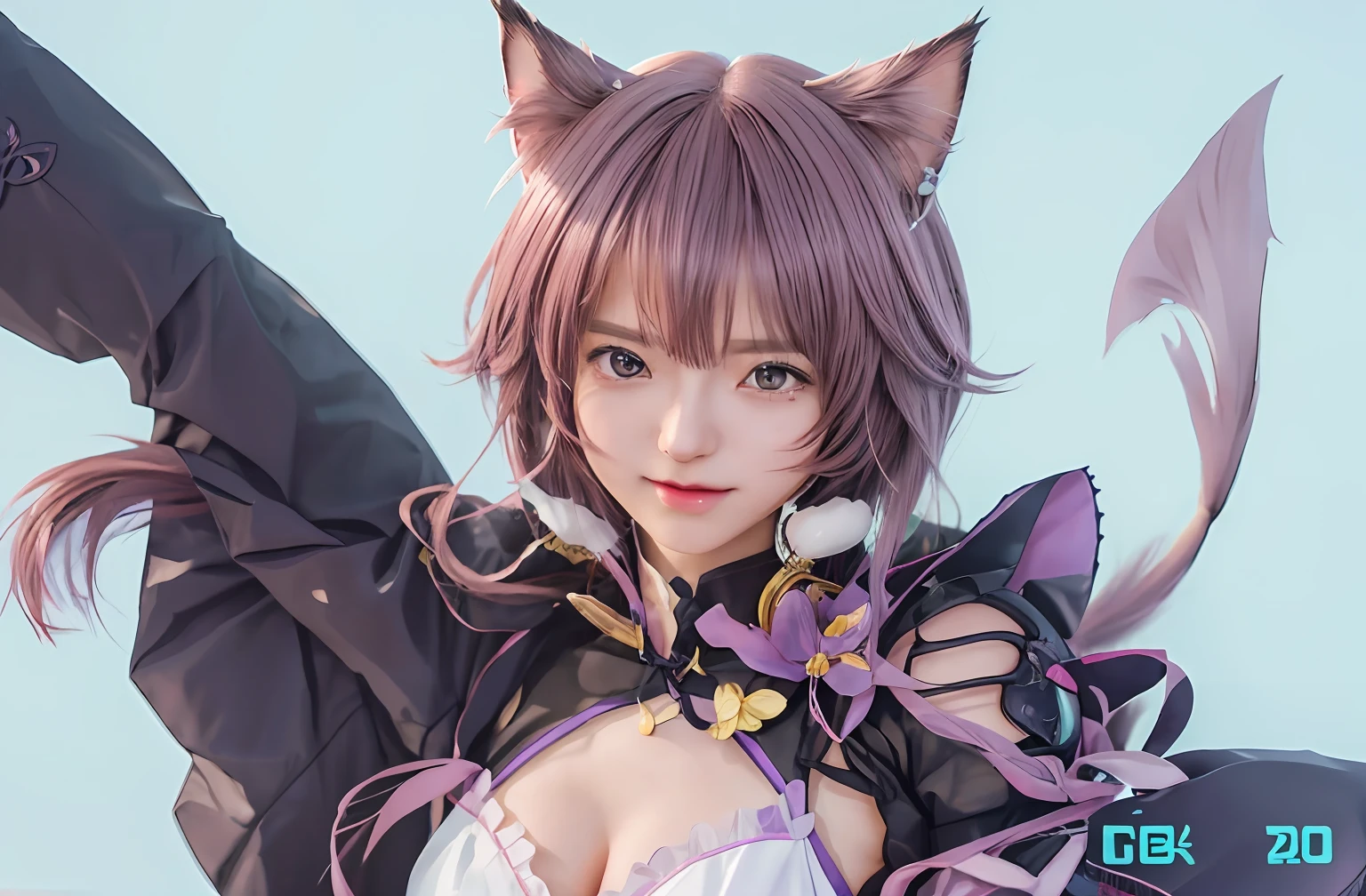 a close up of a anime character with a cat costume, granblue fantasy, beautiful anime catgirl, anime catgirl, from arknights, ayaka genshin impact, genshin, cute anime catgirl, genshin impact character, arknights, kawacy, video game genshin impact, very beautiful anime cat girl, anime girl with cat ears, Top Quality, Masterpiece, Ultra High Resolution, (Photorealistic: 1.4), Raw Photo, 1 Girl, Hair, Glossy Skin, cat Girl, (Ultra Realistic Detail)), Portrait, Global Illumination, Shadows, Octane Rendering, 8K, Ultra Sharp, Big, Cleavage Exposed Raw Skin, Intricate Ornament Details, Japan Details, Very intricate details, realistic light, CGSoation trend, purple eyes, glowing eyes, facing the camera, standing, small LED lamps, neon light, 1 Cat Girl, sharp eyes, human mouth, great hair,