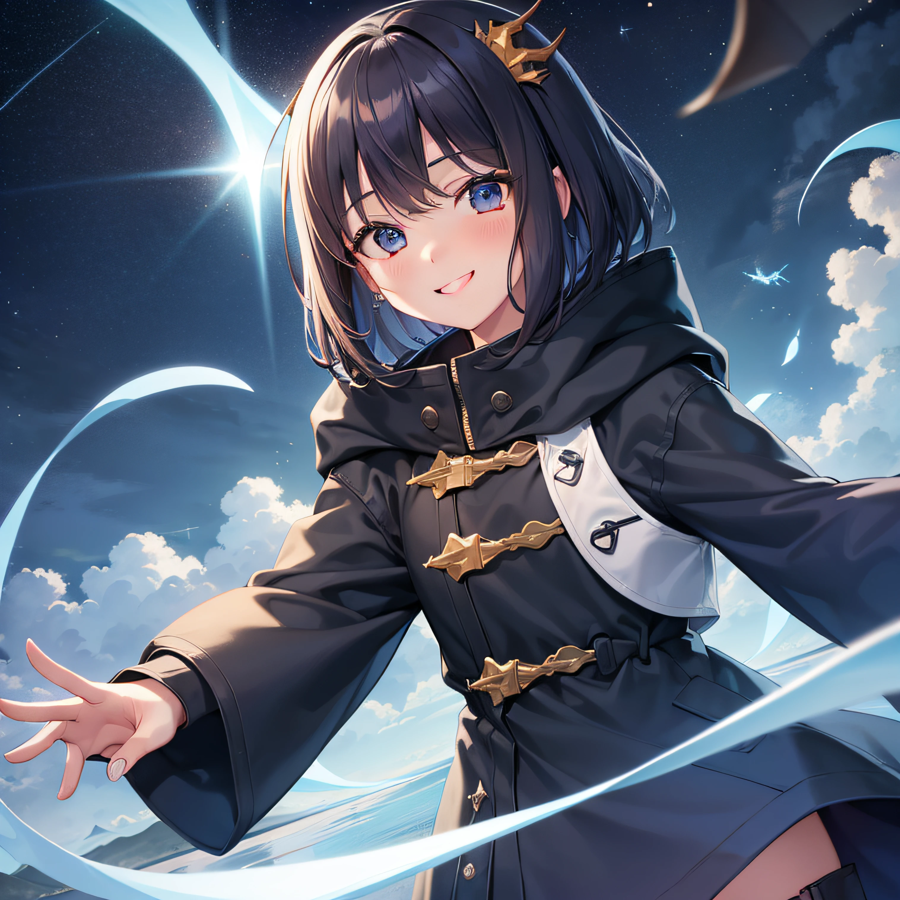 {1girl in, Shorthair, parka, A dark-haired, blue eyess}, {magia, starrysky, optic, The dragon}, {Smiling, A smile, Red face}, concept-art, beautiful anime scene, Beautiful anime scenery, top-quality, masterpiece