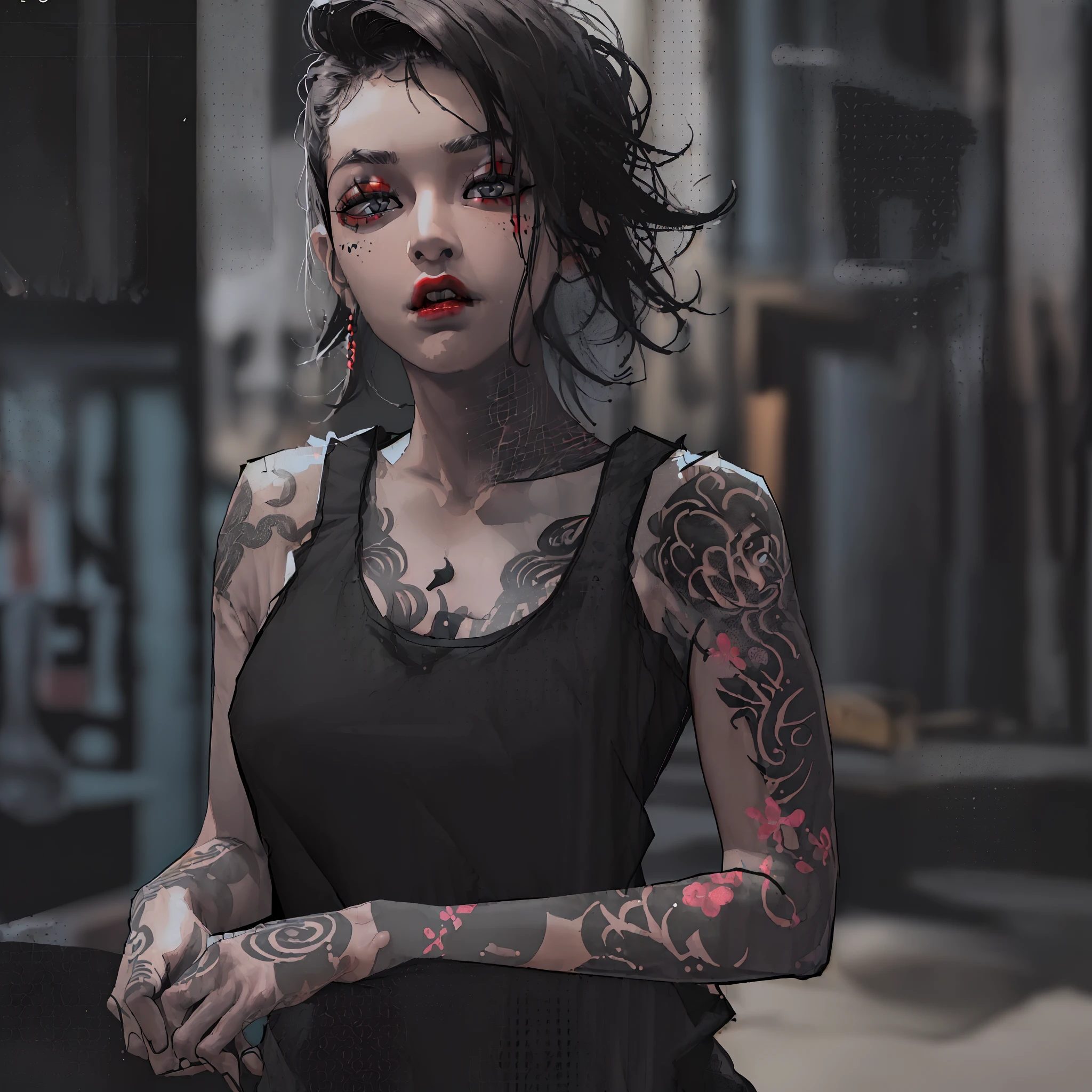 One girl tattooing、(Black tank top 1:2)、(Cool face、Darker eyeshadow、red-lips、Tattoo on the arm)、8K、Real Texture、High Quality