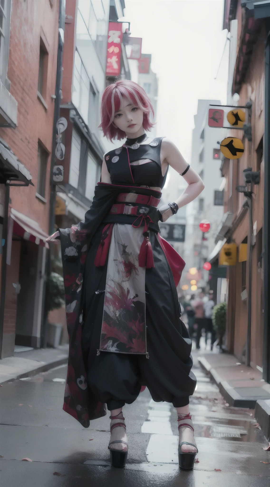 Kureiji ollie, 1girl, street, 30 years old, pose, ninja suit, black red suit, shock expression, glaring eyes, realistic, detail photo, happy
