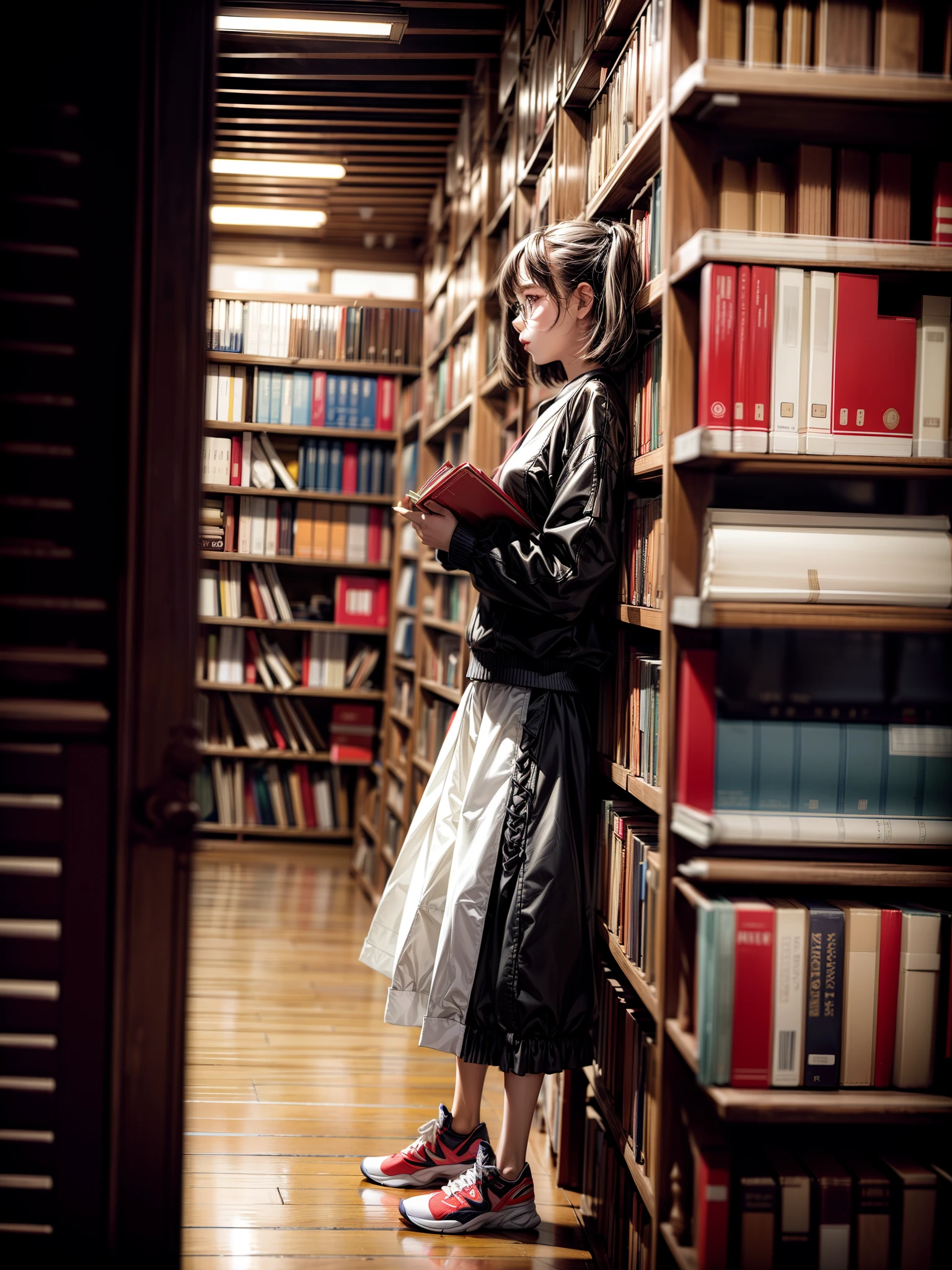 Masterpiece,best quality,ultra-detailed illustration,
1girl,sneakers,fashion style,long legs,holding a book,depth of field,sit down,skirt,
full body,
 lib_bg,big,depth of field,