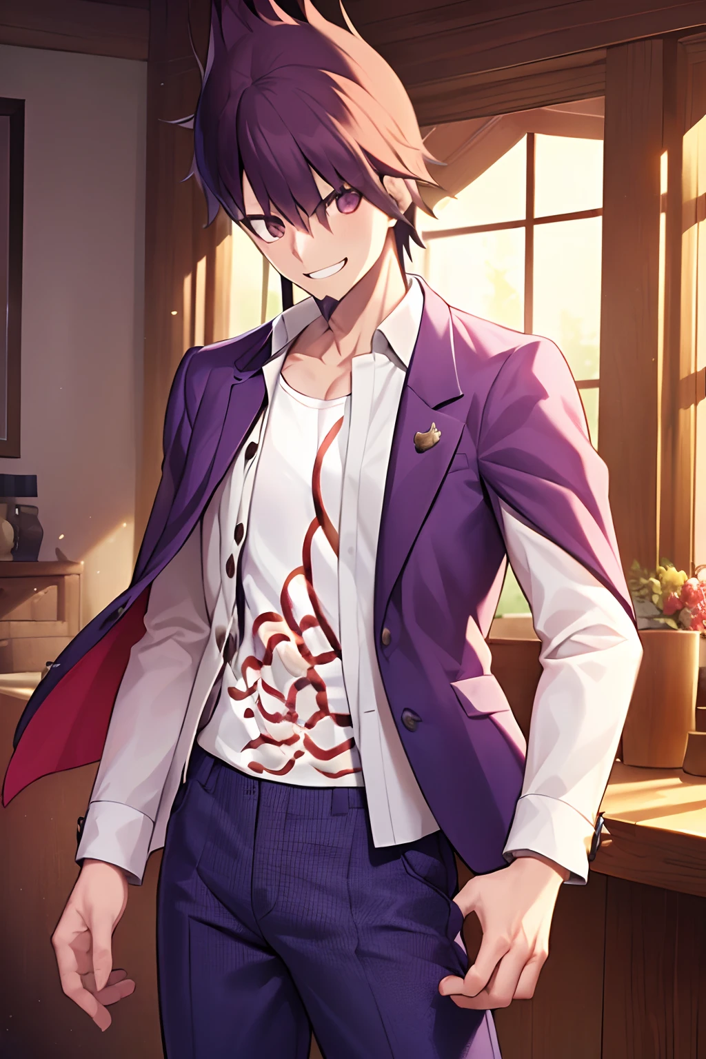 (Masterpiece, Best Quality:1.2), Cowboy shot, 独奏, male focus, 1boy, Momota Kaito, facial hair, grin, looking a viewer, spiked hair, Revealing clothes, jacket, Shirt, long sleeves, pants