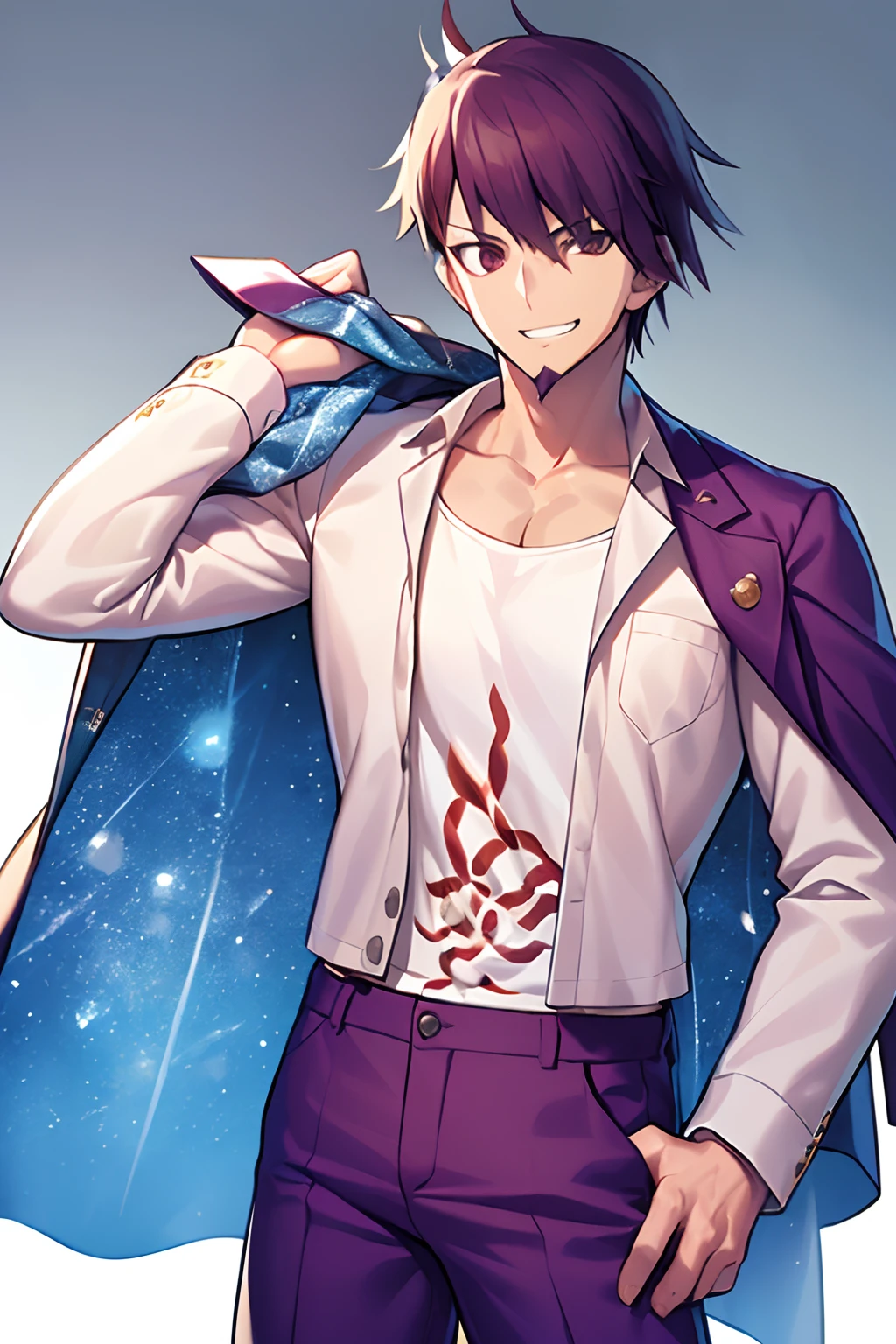 (Masterpiece, Best Quality:1.2), Cowboy shot, 独奏, male focus, 1boy, Momota Kaito, facial hair, grin, looking a viewer, spiked hair, Revealing clothes, jacket, Shirt, long sleeves, pants